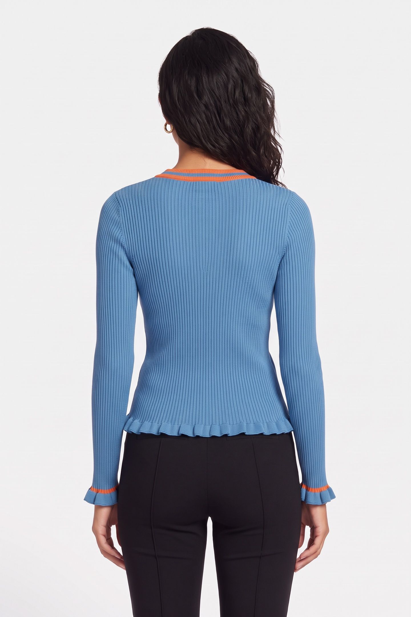 STRIPED DETAILS RIBBED KNIT CARDIGAN BLUE 2