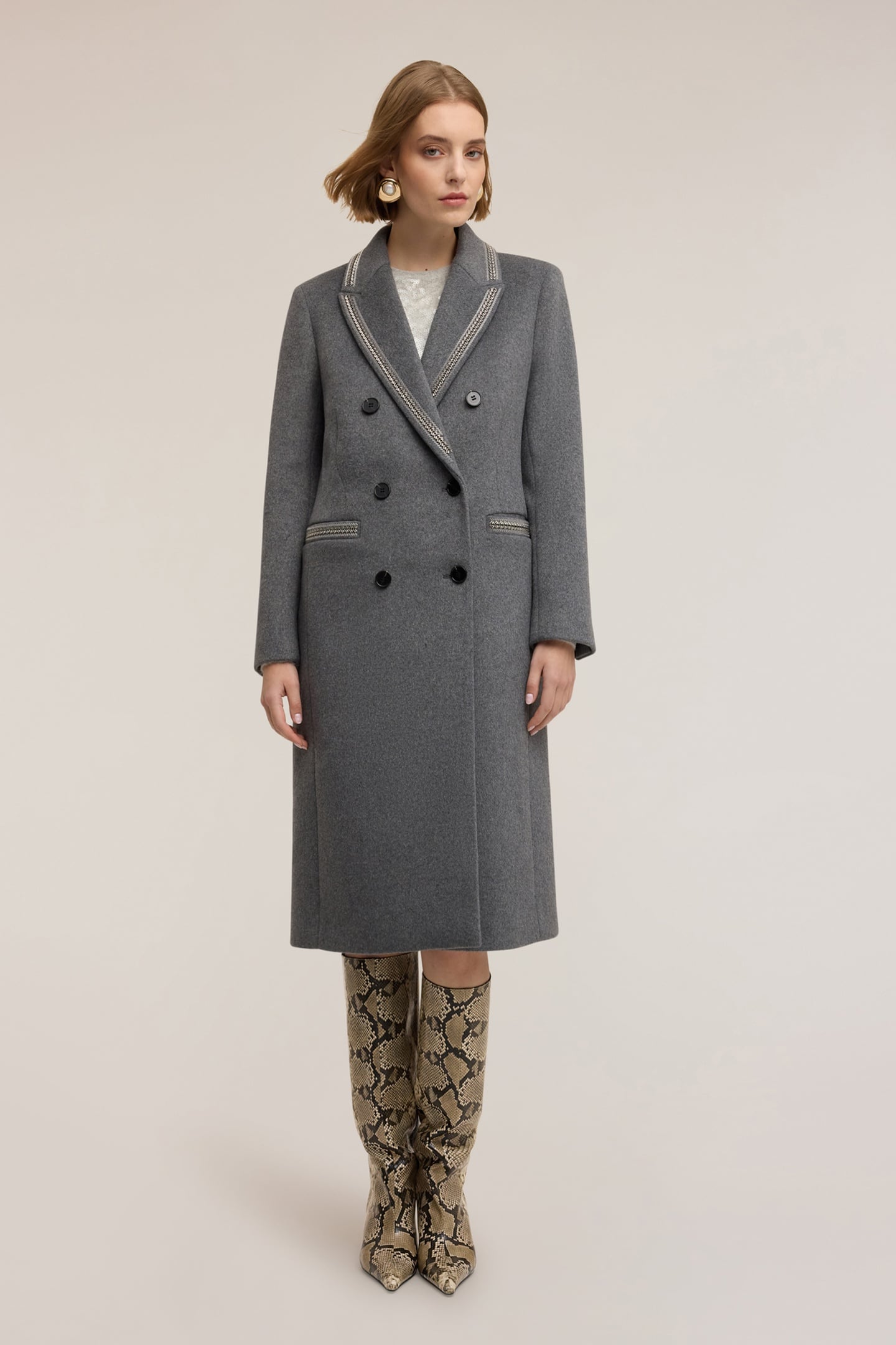 DOUBLE-BREASTED COAT IN WOOL BLEND WITH DECORATIONS GREY 2