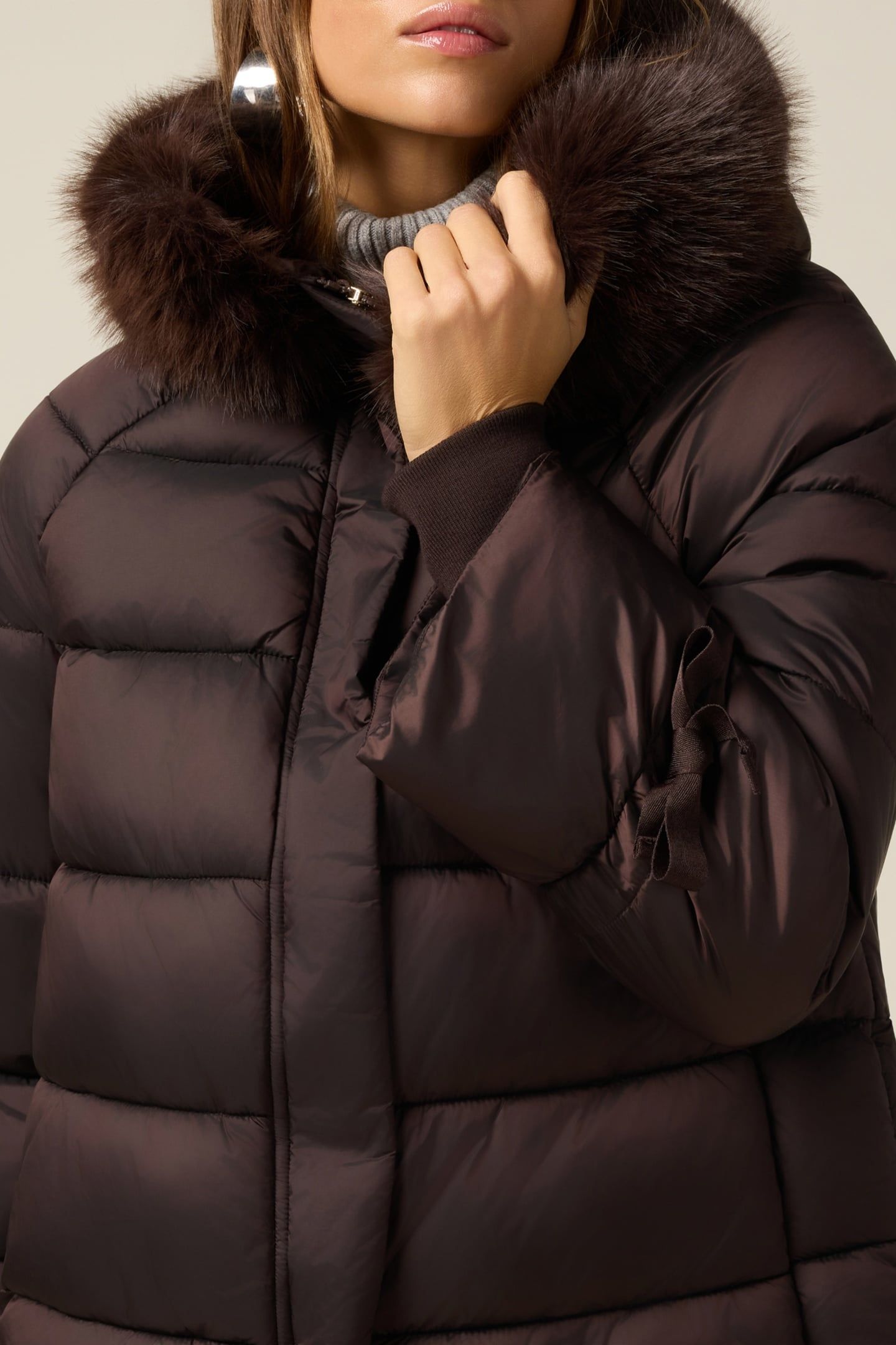 DOWN JACKET WITH HOOD AND FURRY TRIM BROWN 5