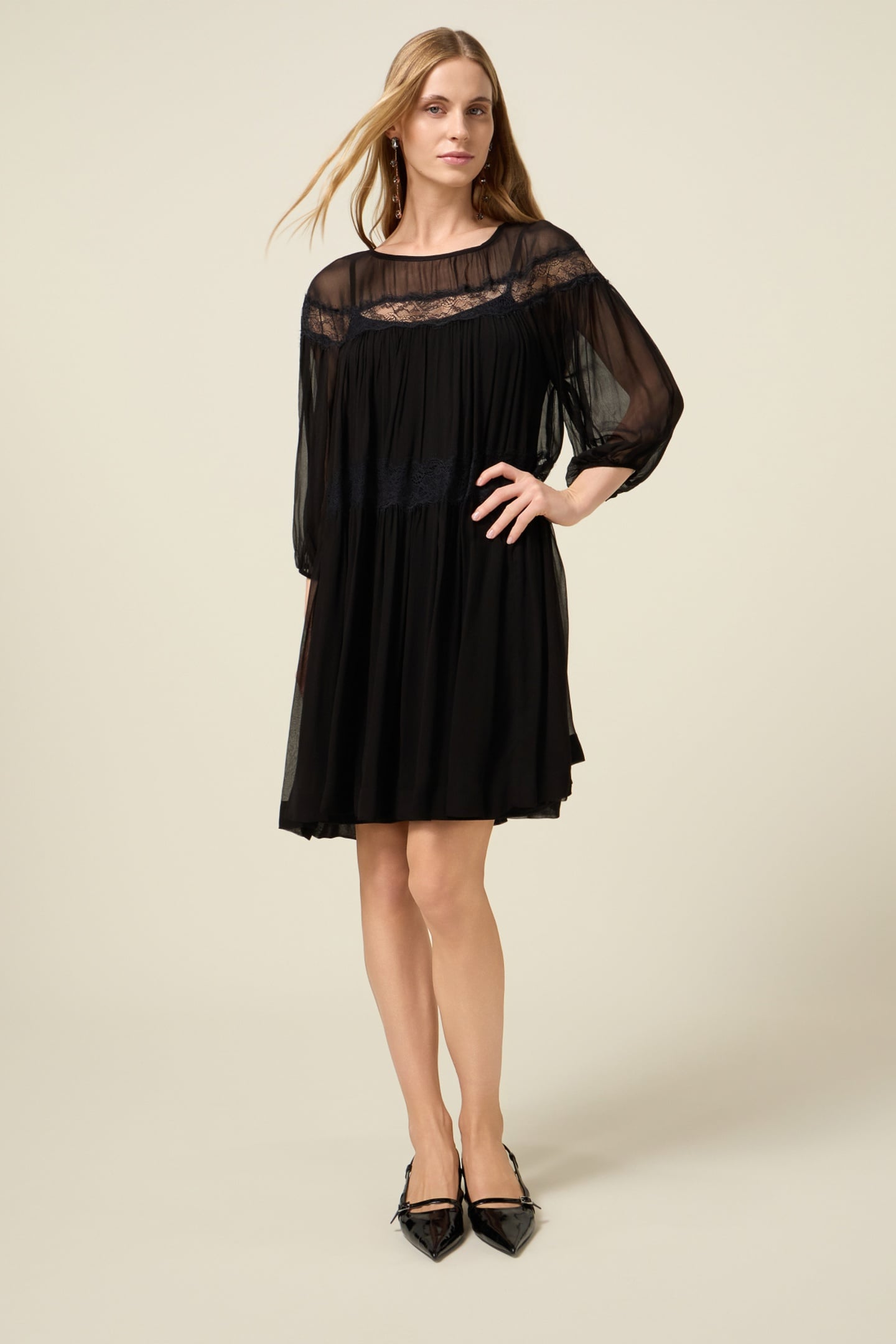 FLARE DRESS IN CREPON WITH LACE BLACK 1