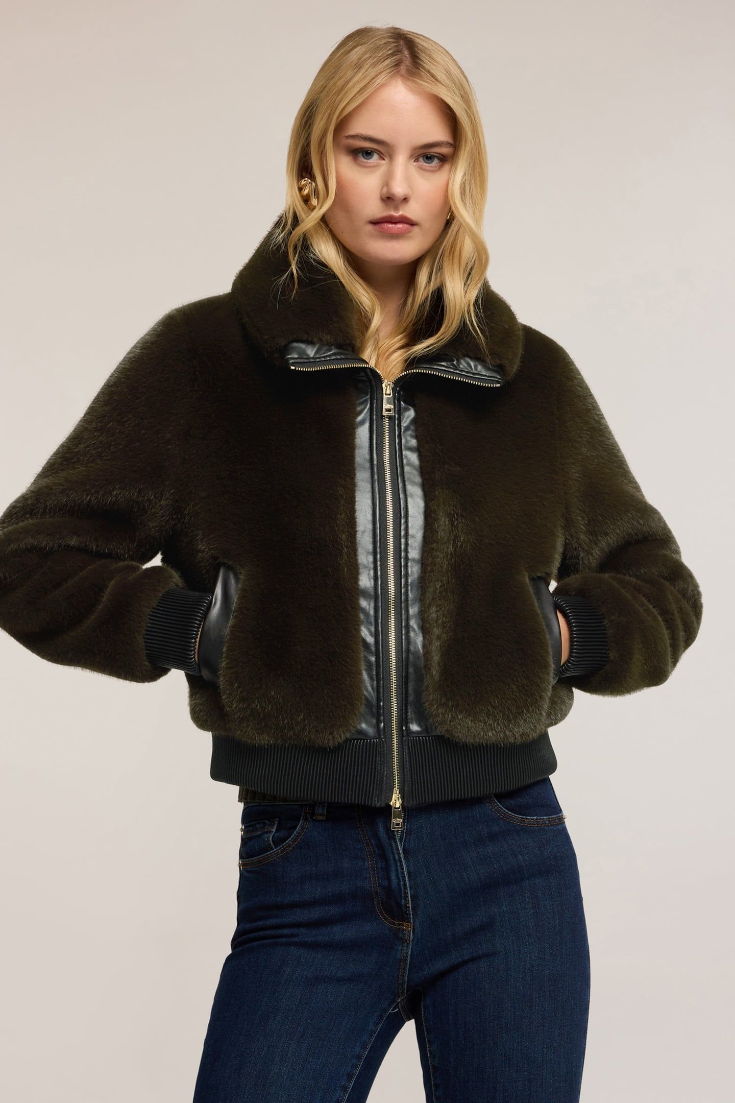 PLUSH-EFFECT JACKET WITH INSERTS MILITARY GREEN 1