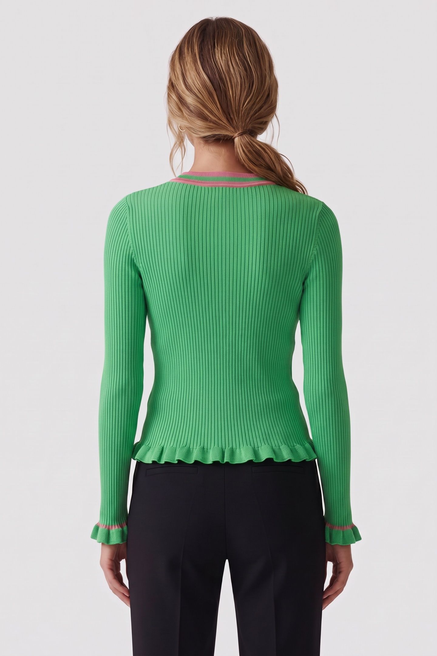 STRIPED DETAILS RIBBED KNIT CARDIGAN GREEN 2