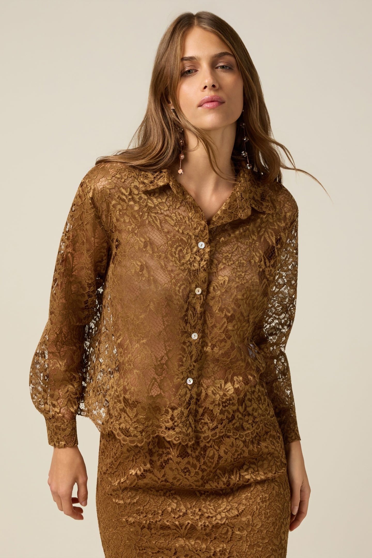 LACE SHIRT WITH SCALLOPED EDGE BROWN 1