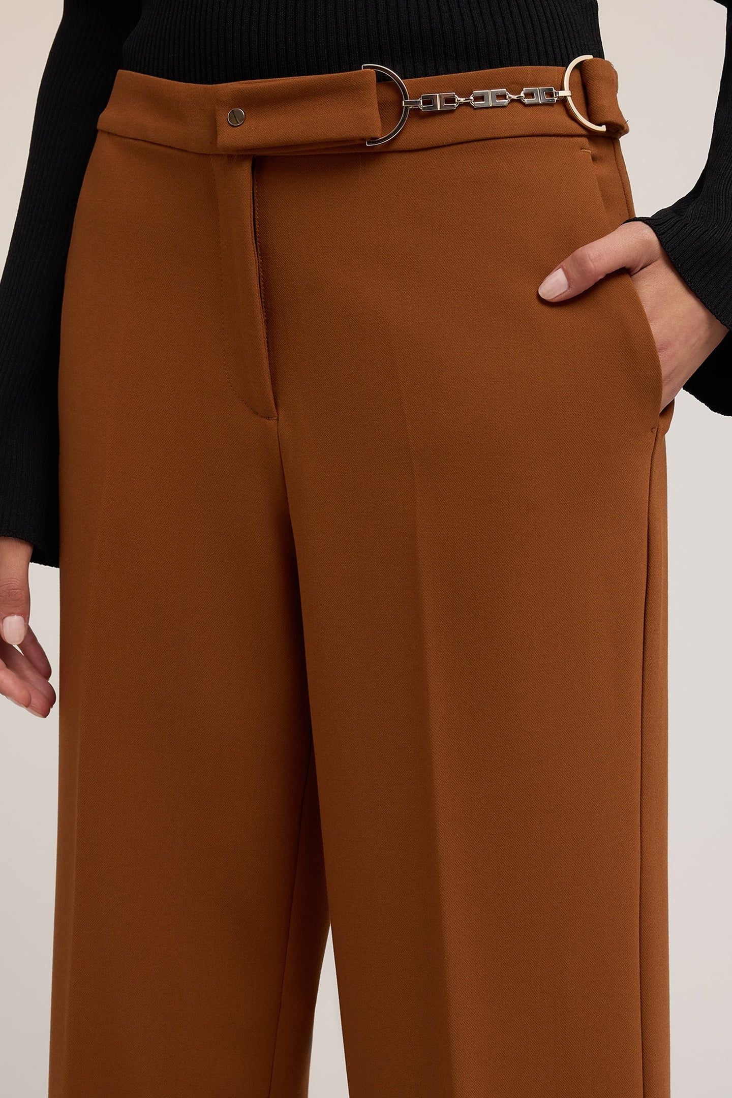 WIDE-LEG PALAZZO PANTS WITH METAL BELT LOOP BROWN 5