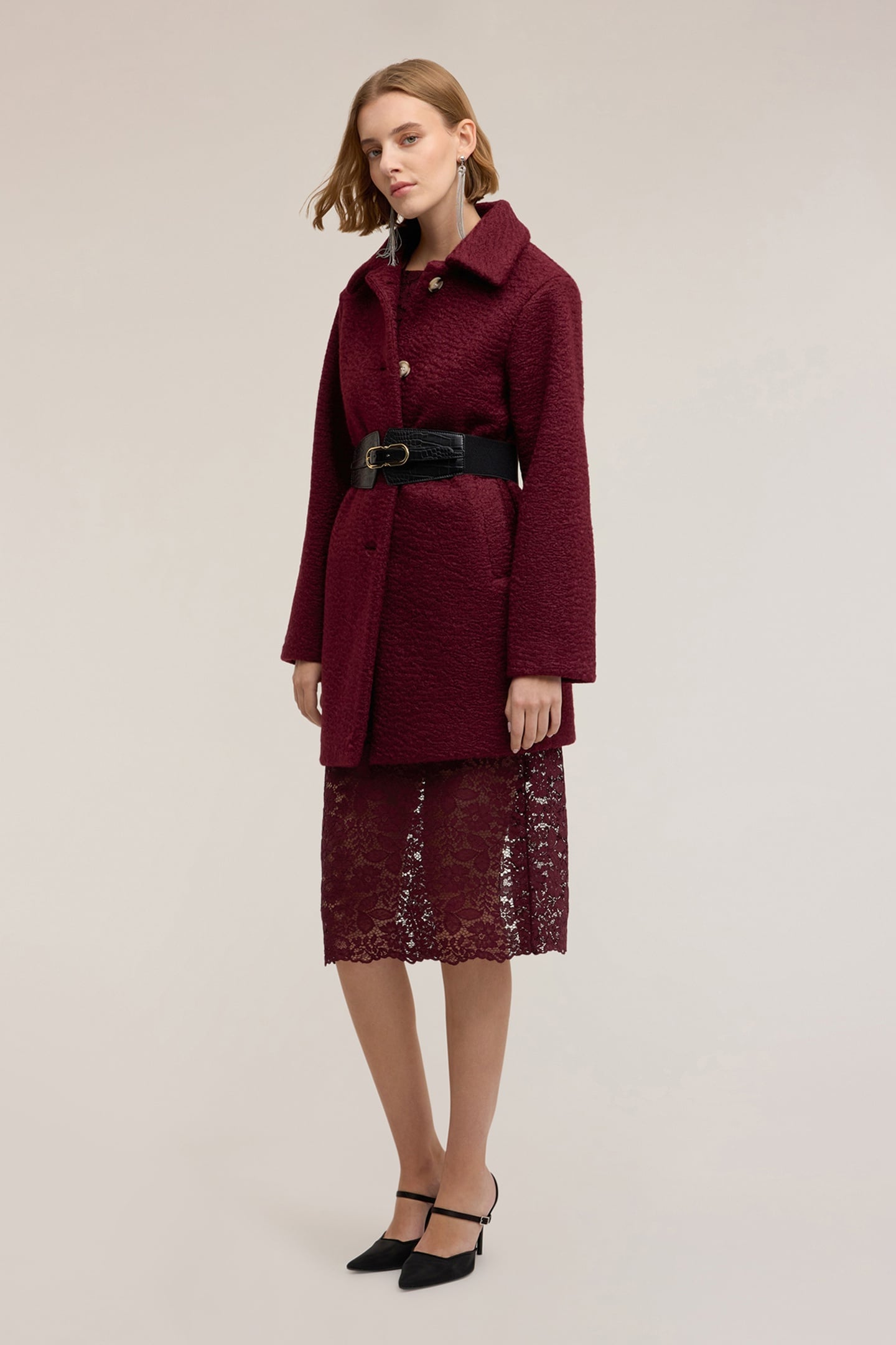 BOUCLÉ WOOL COAT BURGUNDY 2