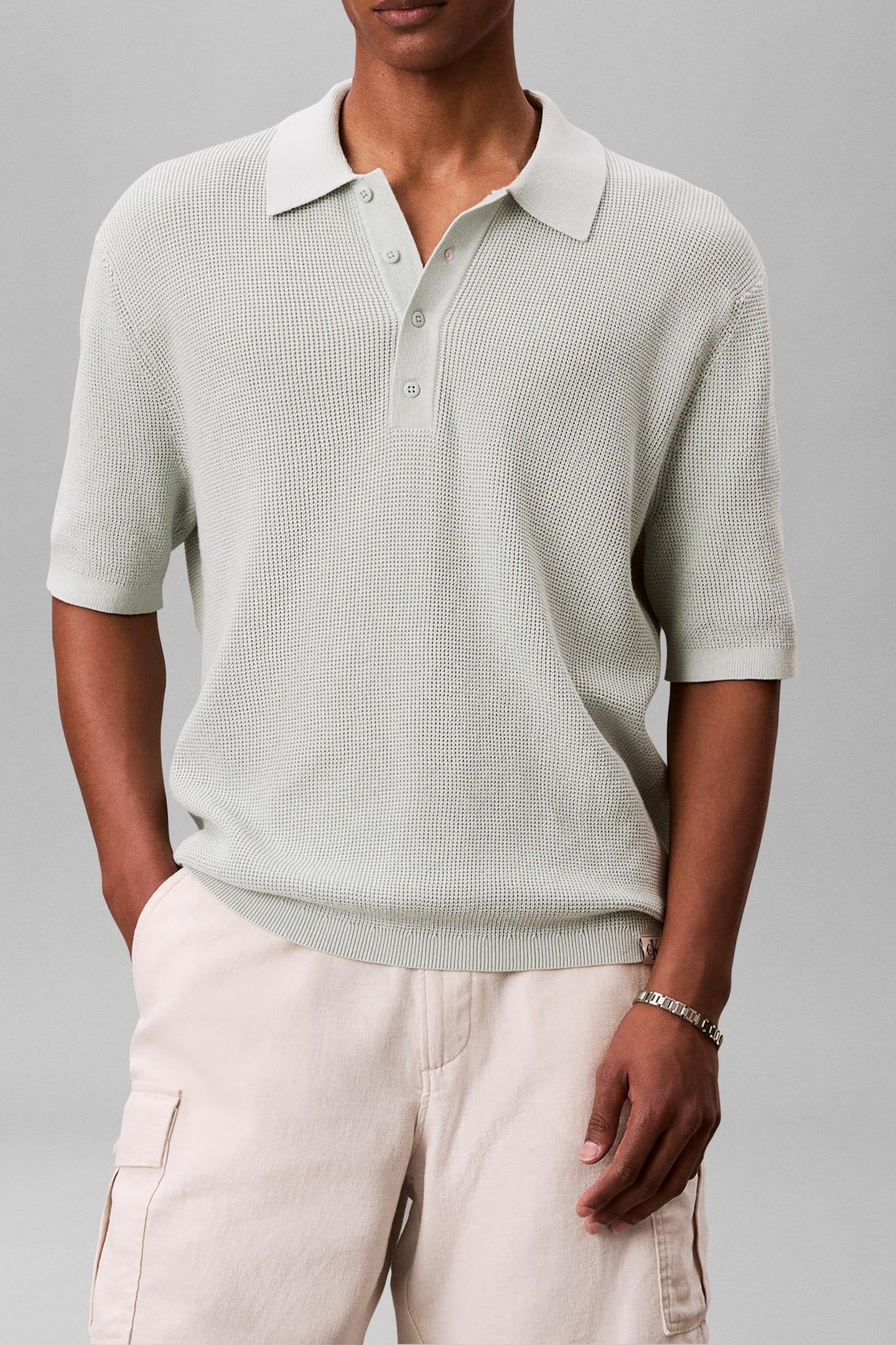 SS COTTON WAFFLE POLO PALE MEADOW 1