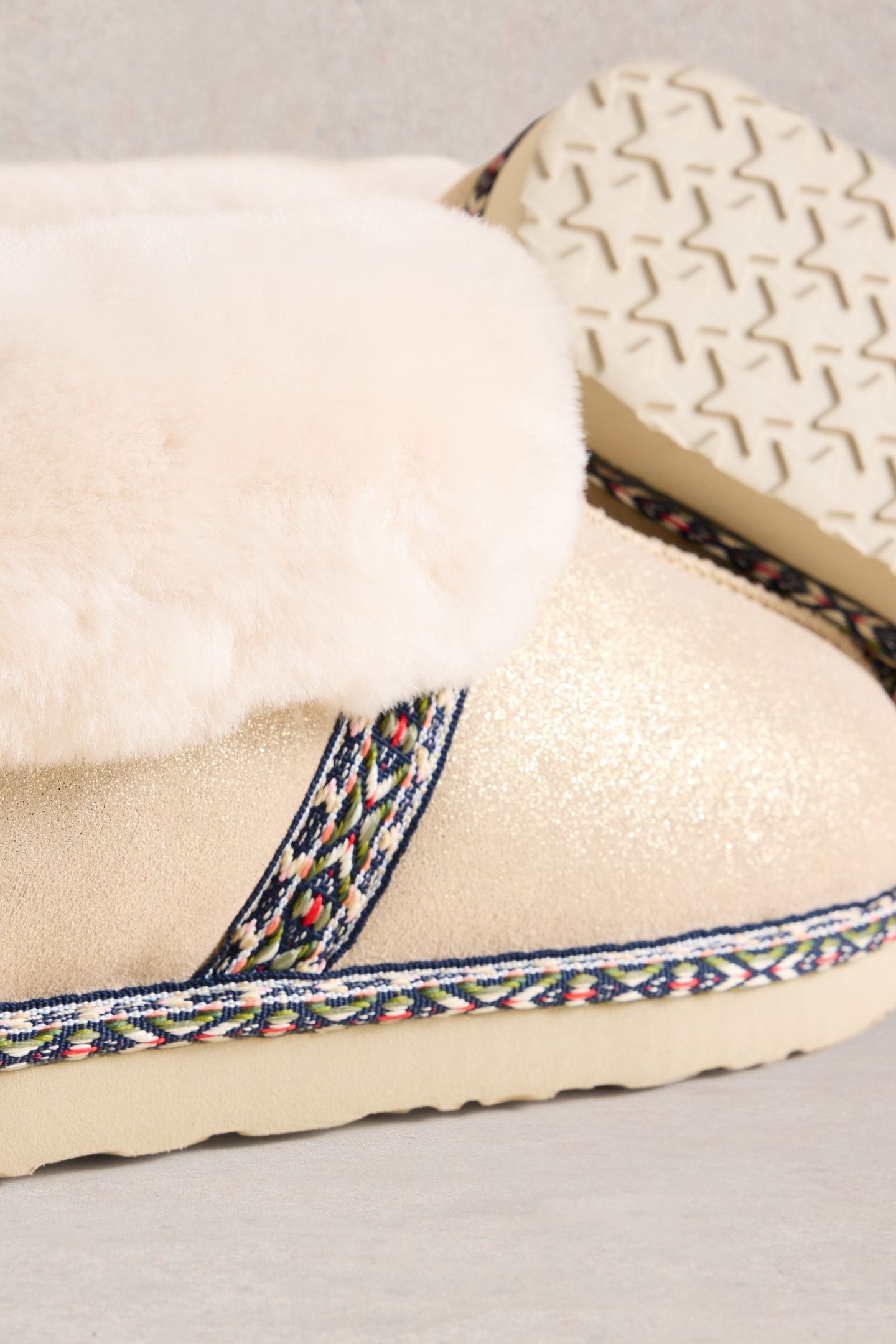 SUEDE SHEARLING SLIPPER BOOT GOLD TONE METALLIC 3
