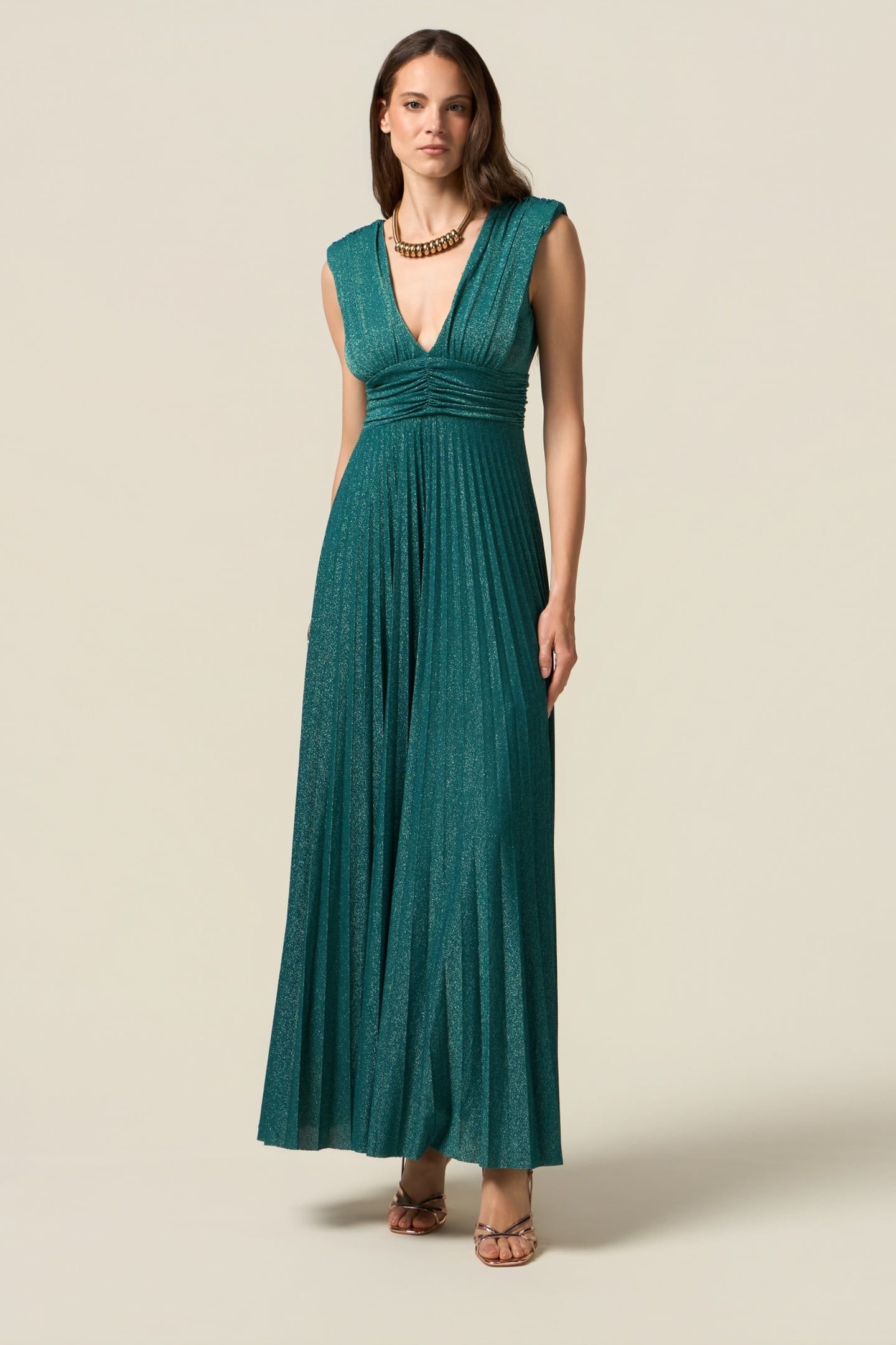 LONG PLEATED DRESS IN LUREX JERSEY TEAL 1