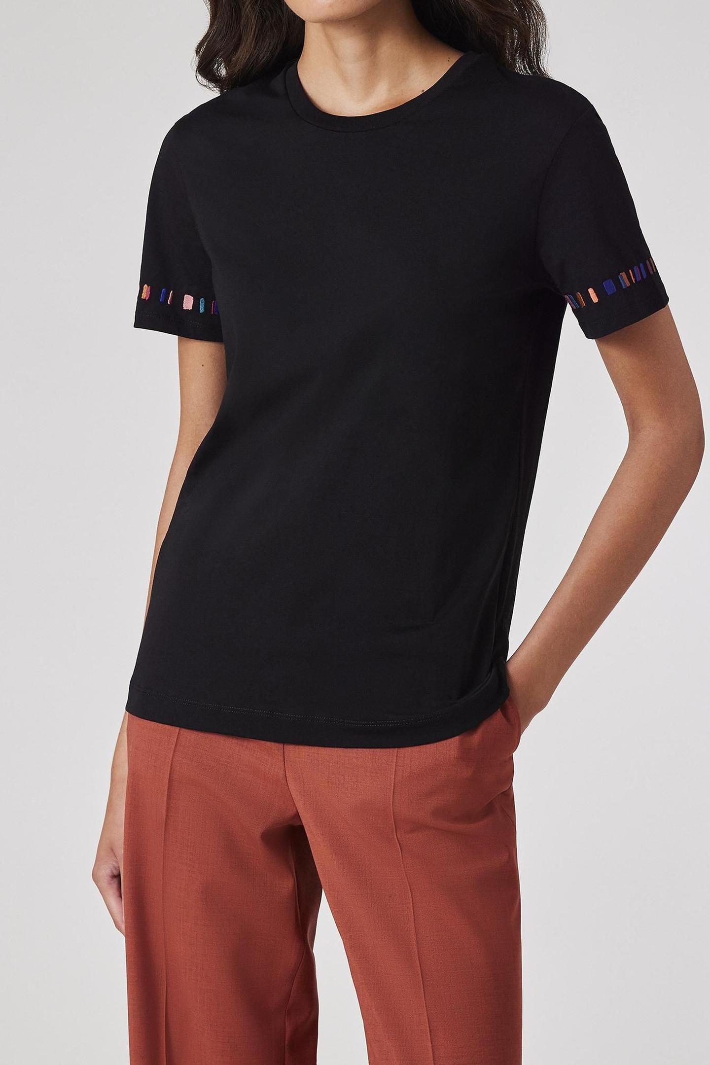 WOMENS STRIPE SLEEVE EMB T-SHIRT BLACK 1