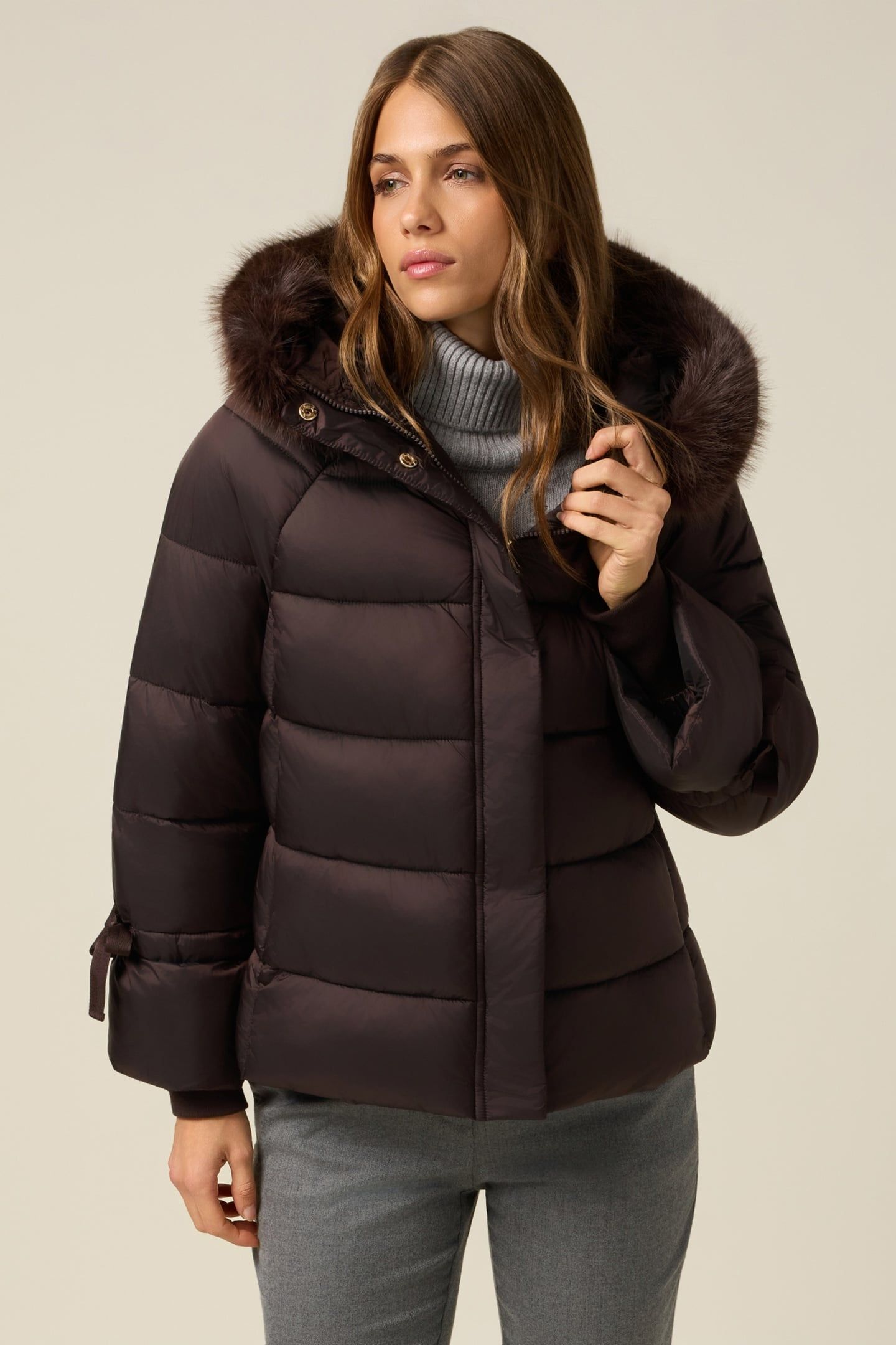 DOWN JACKET WITH HOOD AND FURRY TRIM BROWN 2