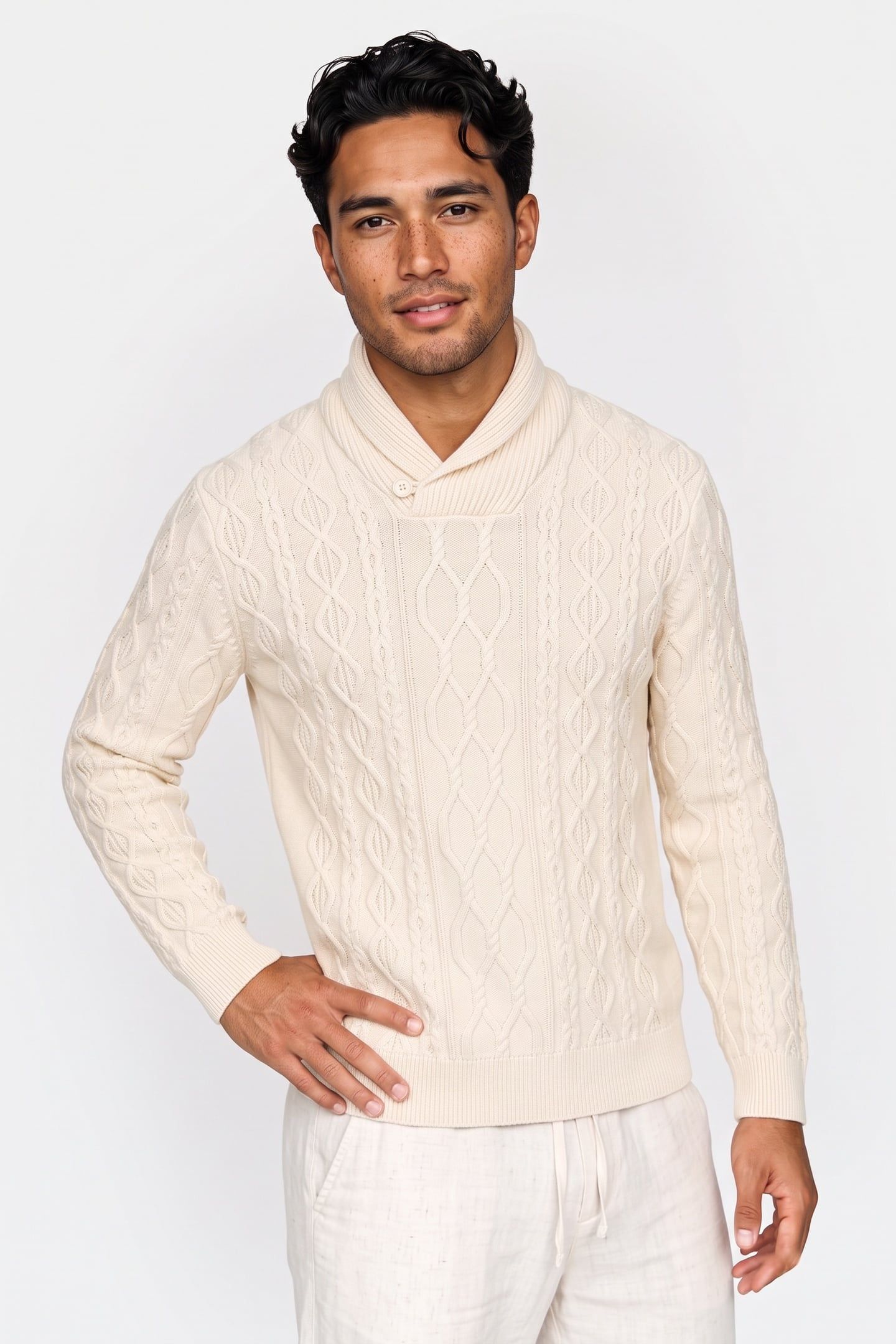 CABLE SHAWL COLLAR CREAM 1