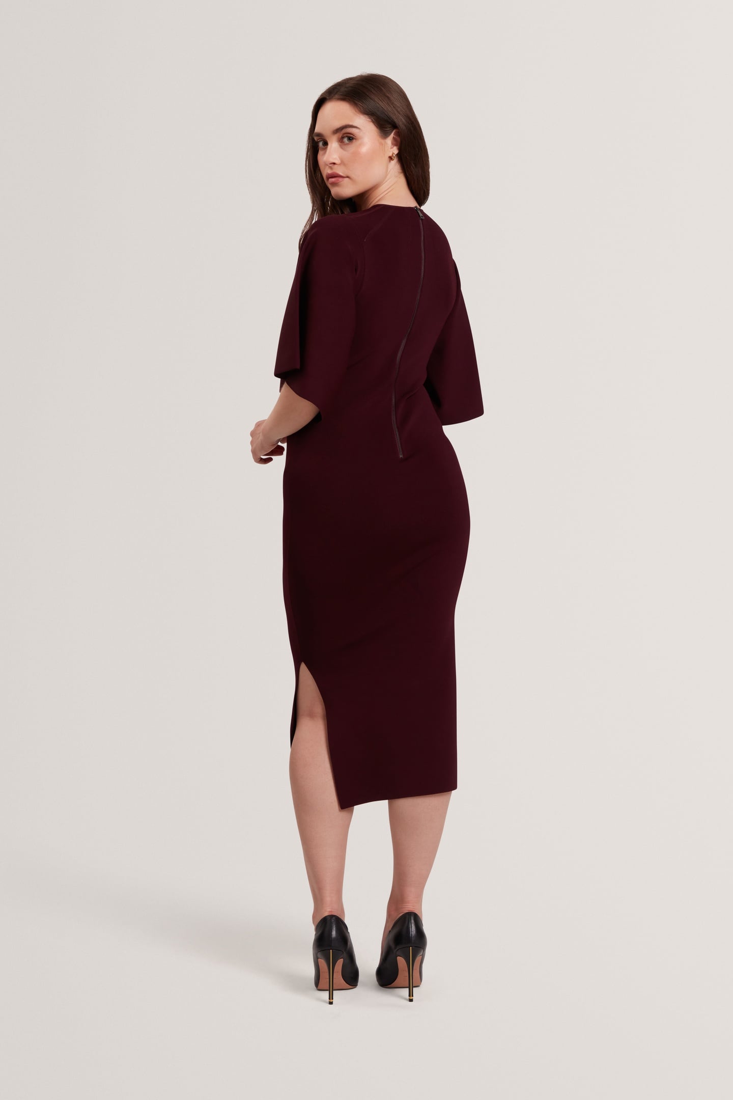 FLUTED SLEEVE KNITTED BODYCON MIDI DRESS RED 3