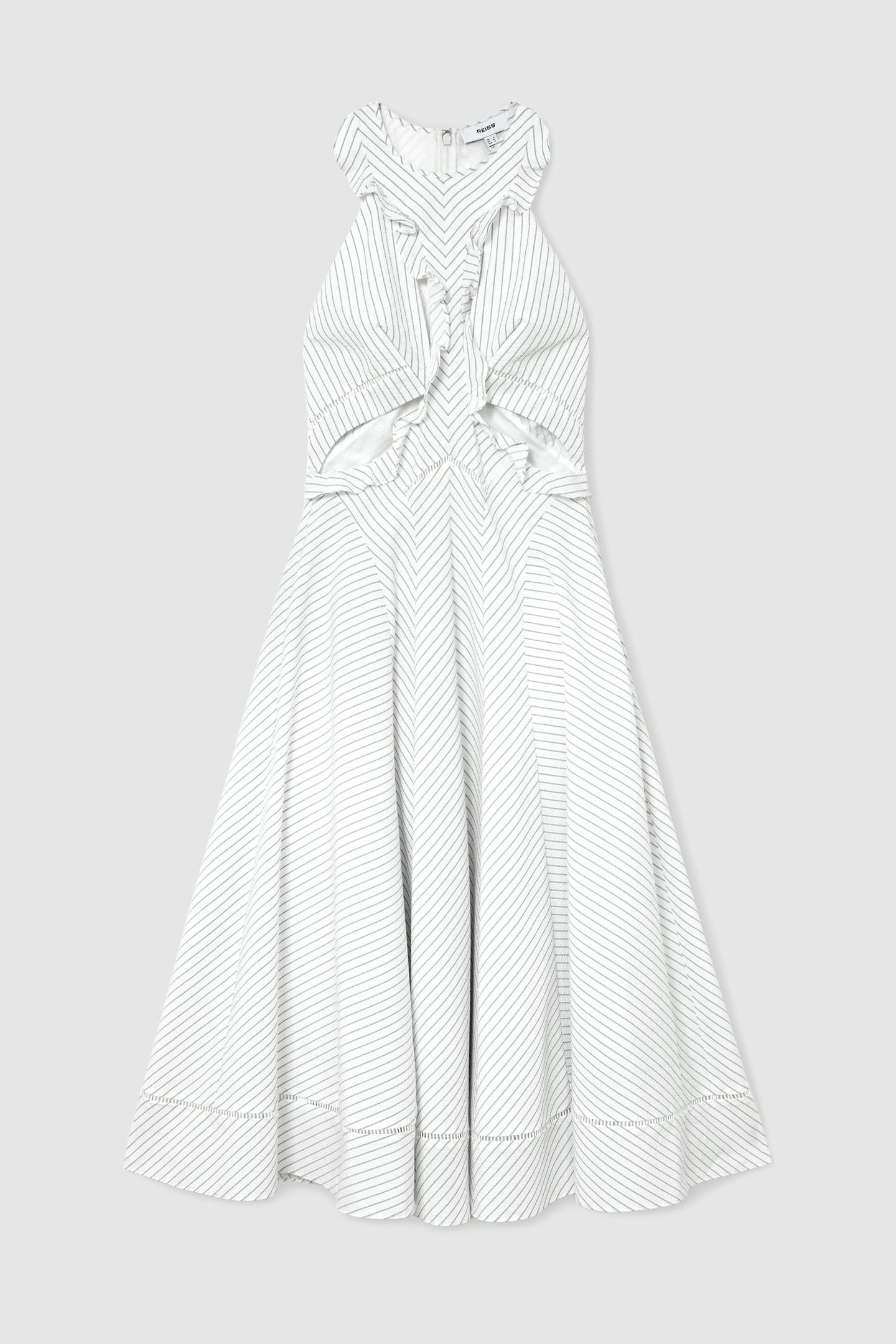 RUFFLE DETAIL STRIPED MIDI DRESS IVORY/BLUE 4