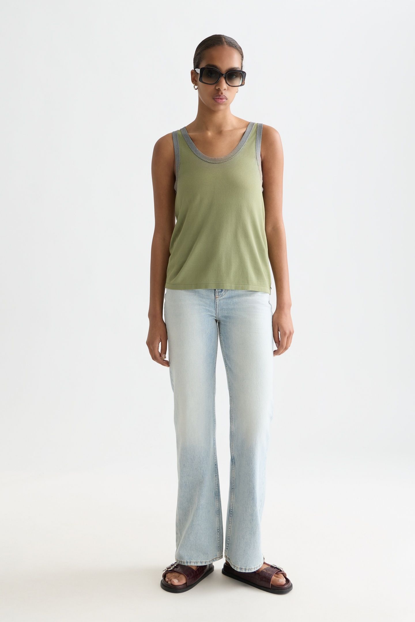 STRIPE TRIM RELAXED KNITTED VEST OIL GREEN 3