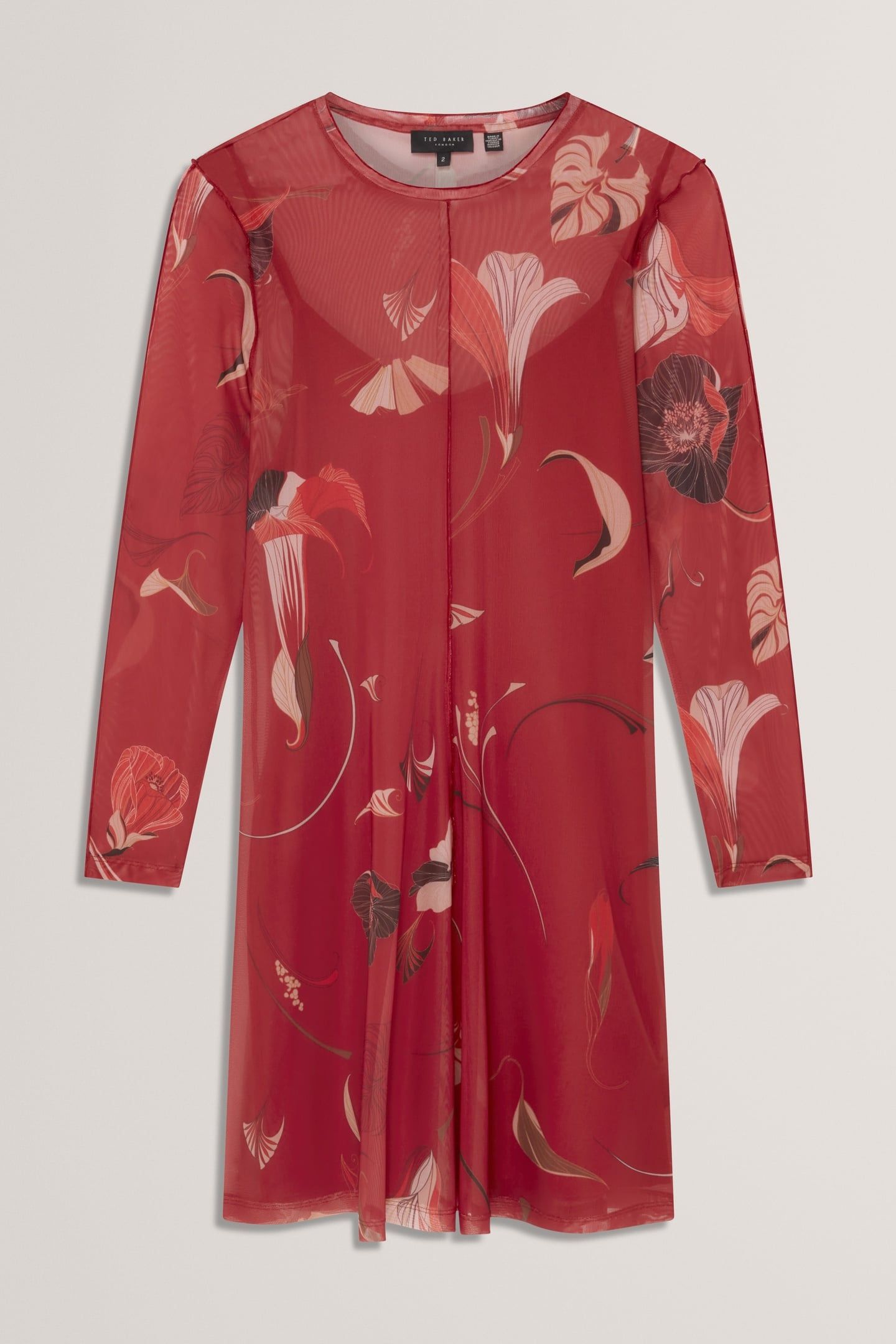 MESH LONG SLEEVE PRINTED MIDI DRESS RED 3