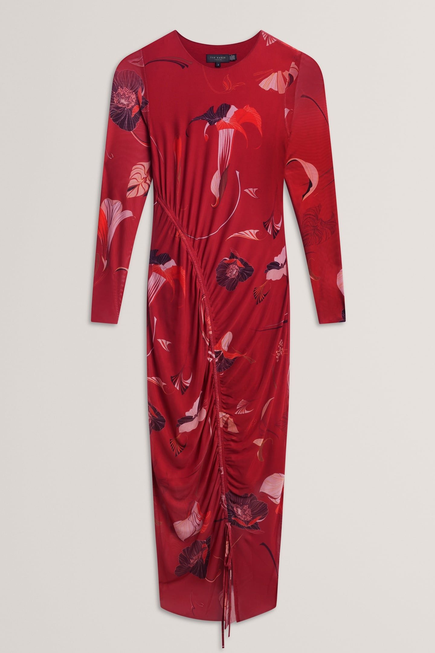 BODYCON MESH GATHERED MIDI DRESS RED 3