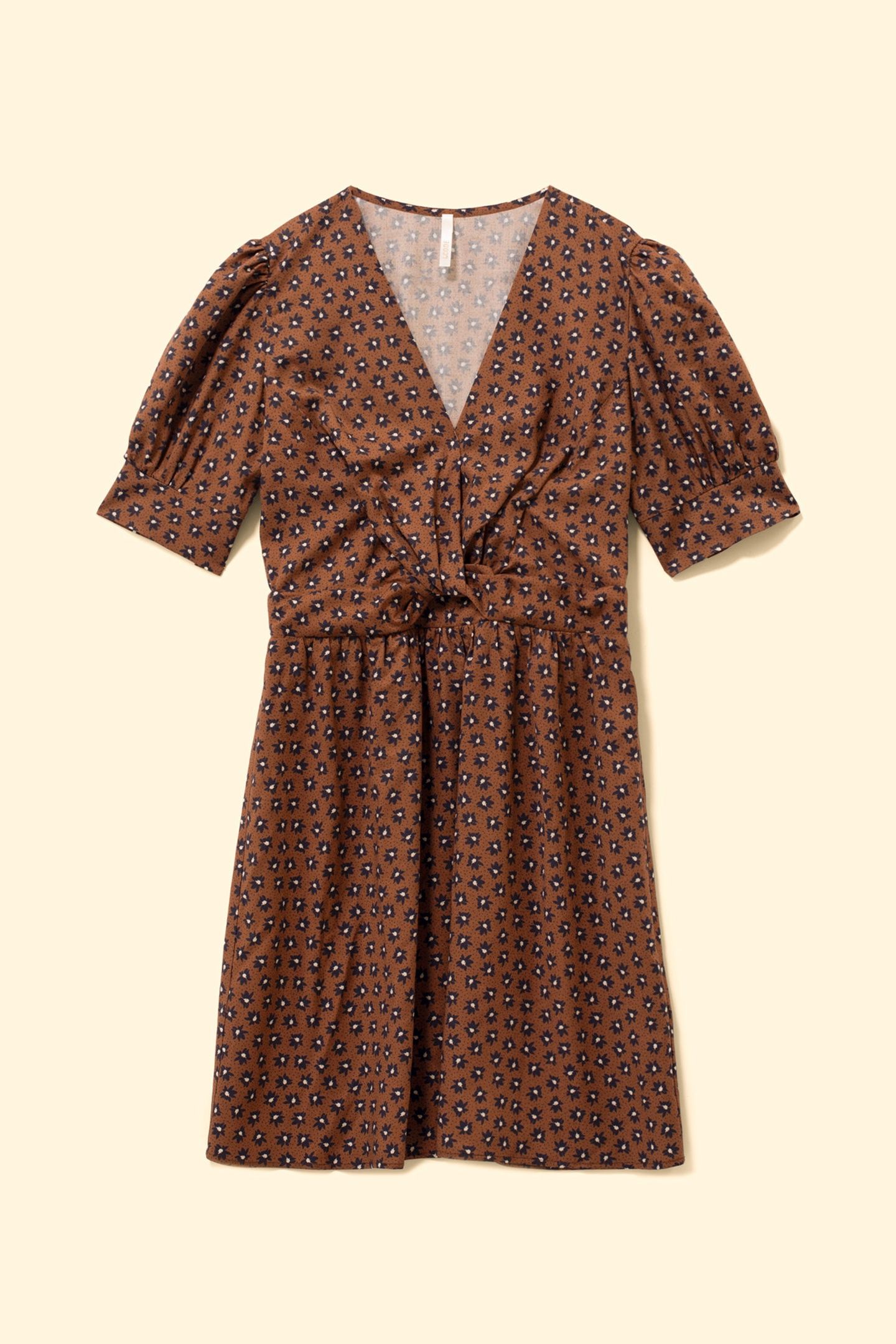 CAMEL DRESS WITH BLACK FLOWER PRINT 4
