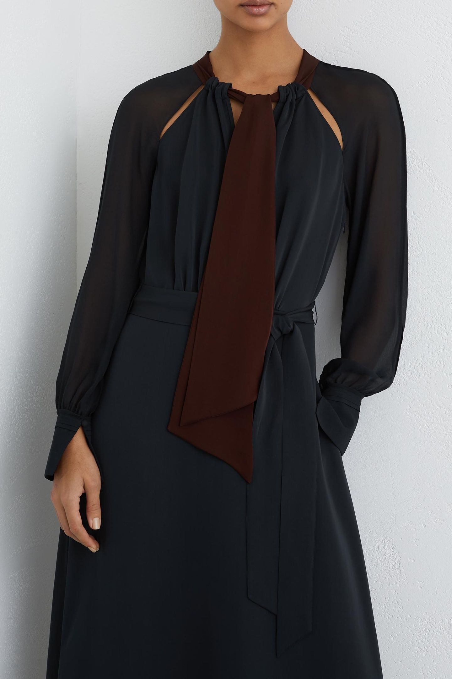 TIE NECK MIDI DRESS NAVY/BURGUNDY 5
