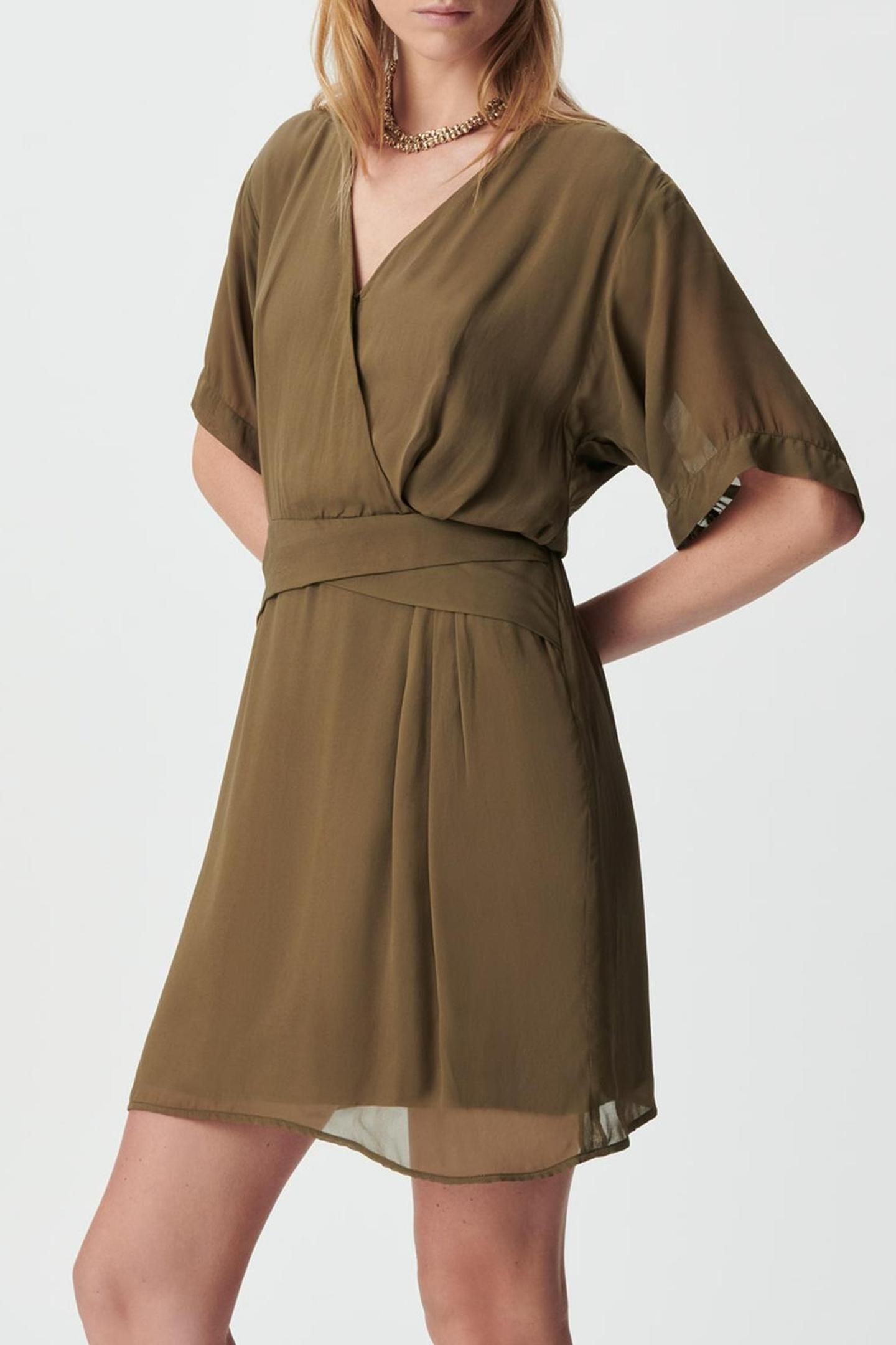 KHAKI WRAP DRESS WITH DRAPED WAIST 5