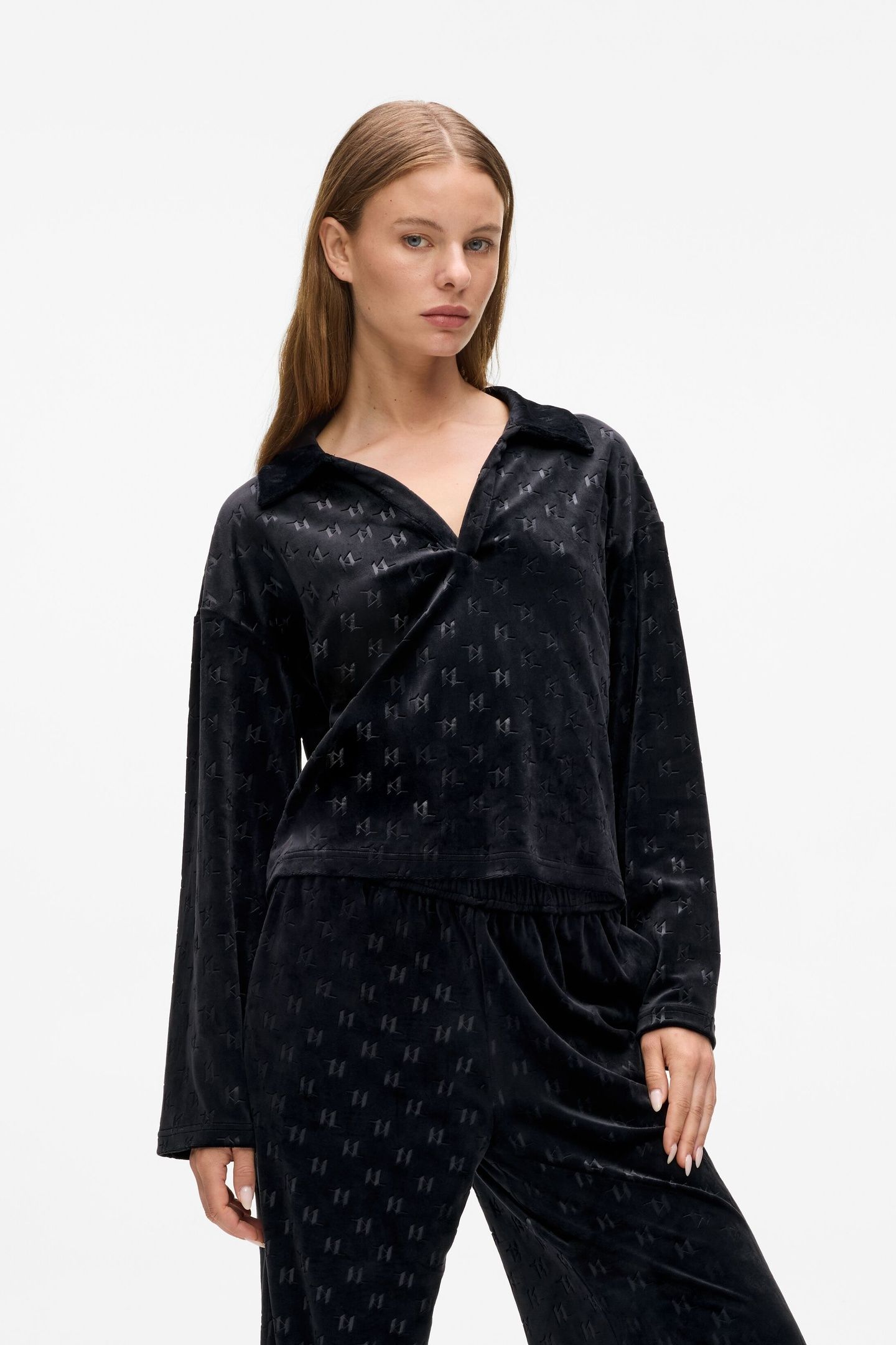 MONOGRAM VELOUR POLO LS TOP BLACK 1