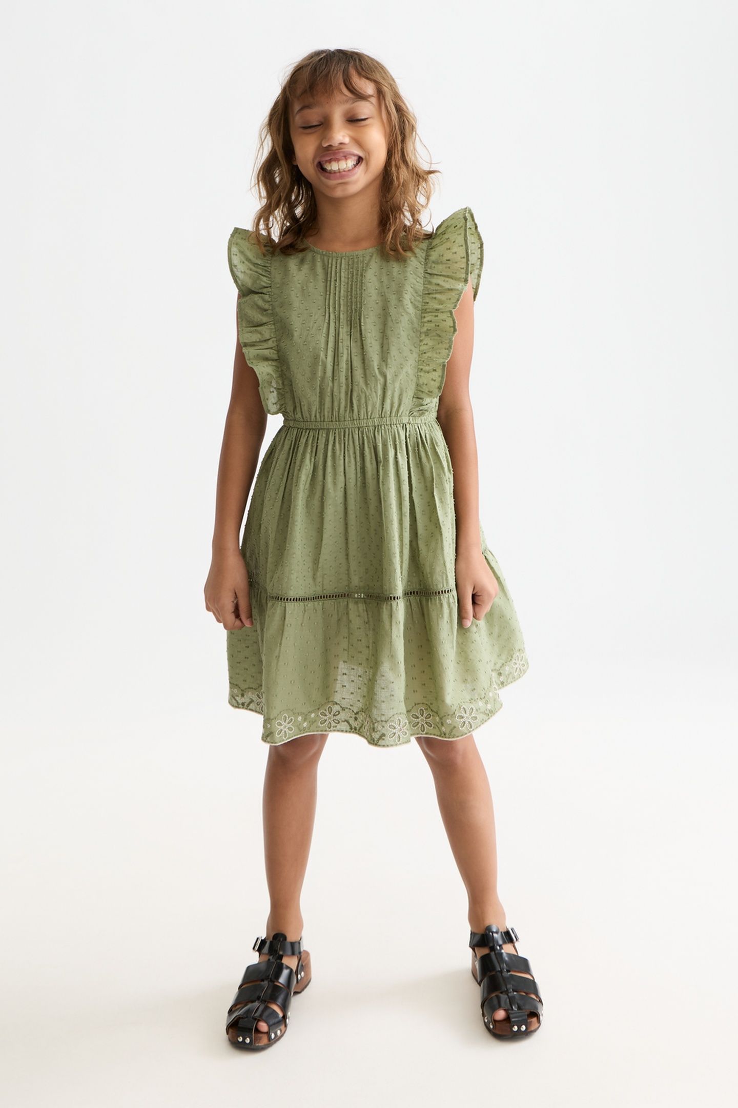 GIRLS EMBROIDERED HEM CLIP JACQUARD COTTON DRESS DARK GREEN 1