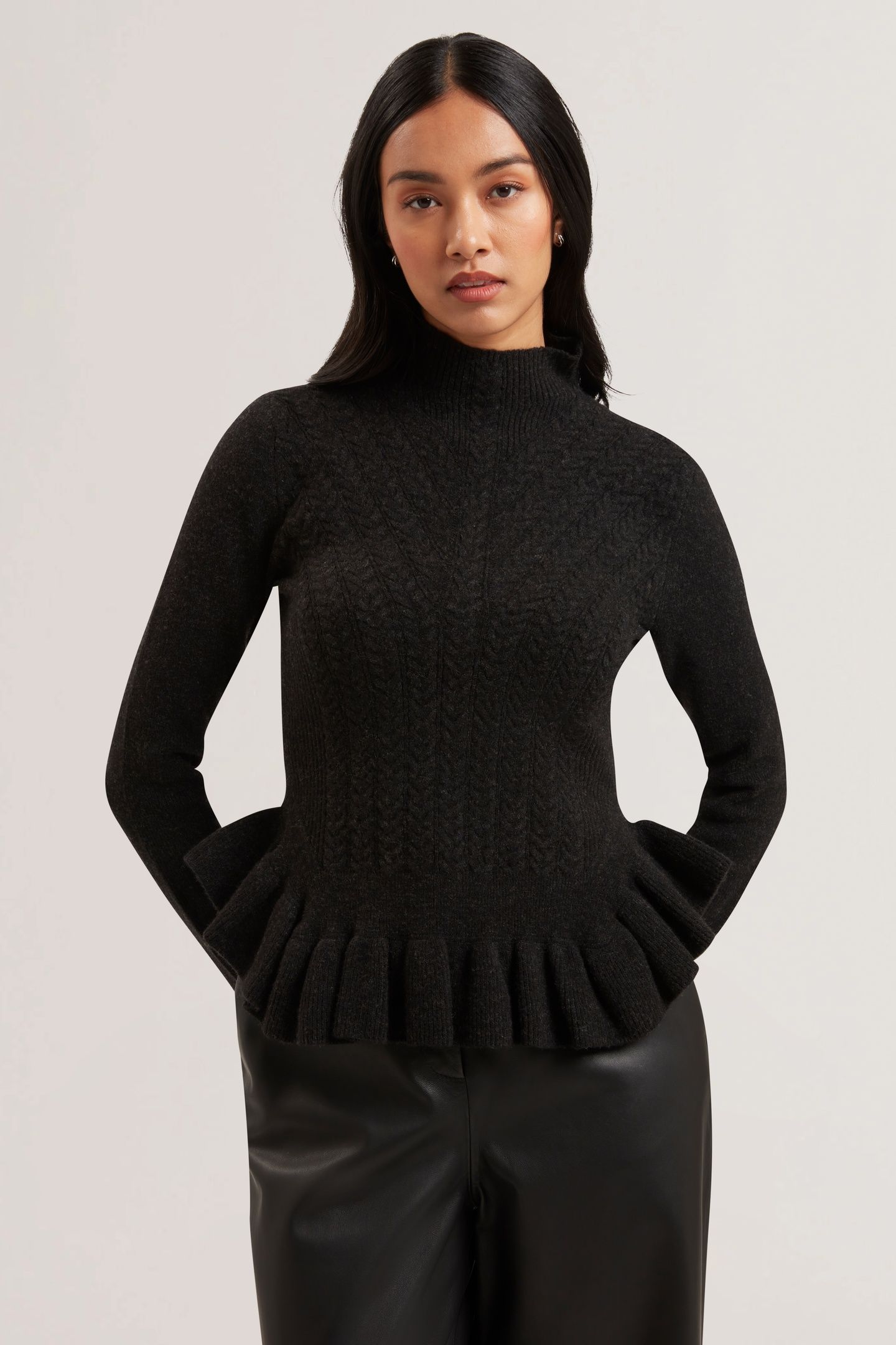 VIOLHA CROPPED PEPLUM CABLE KNIT SWEATER GREY 1