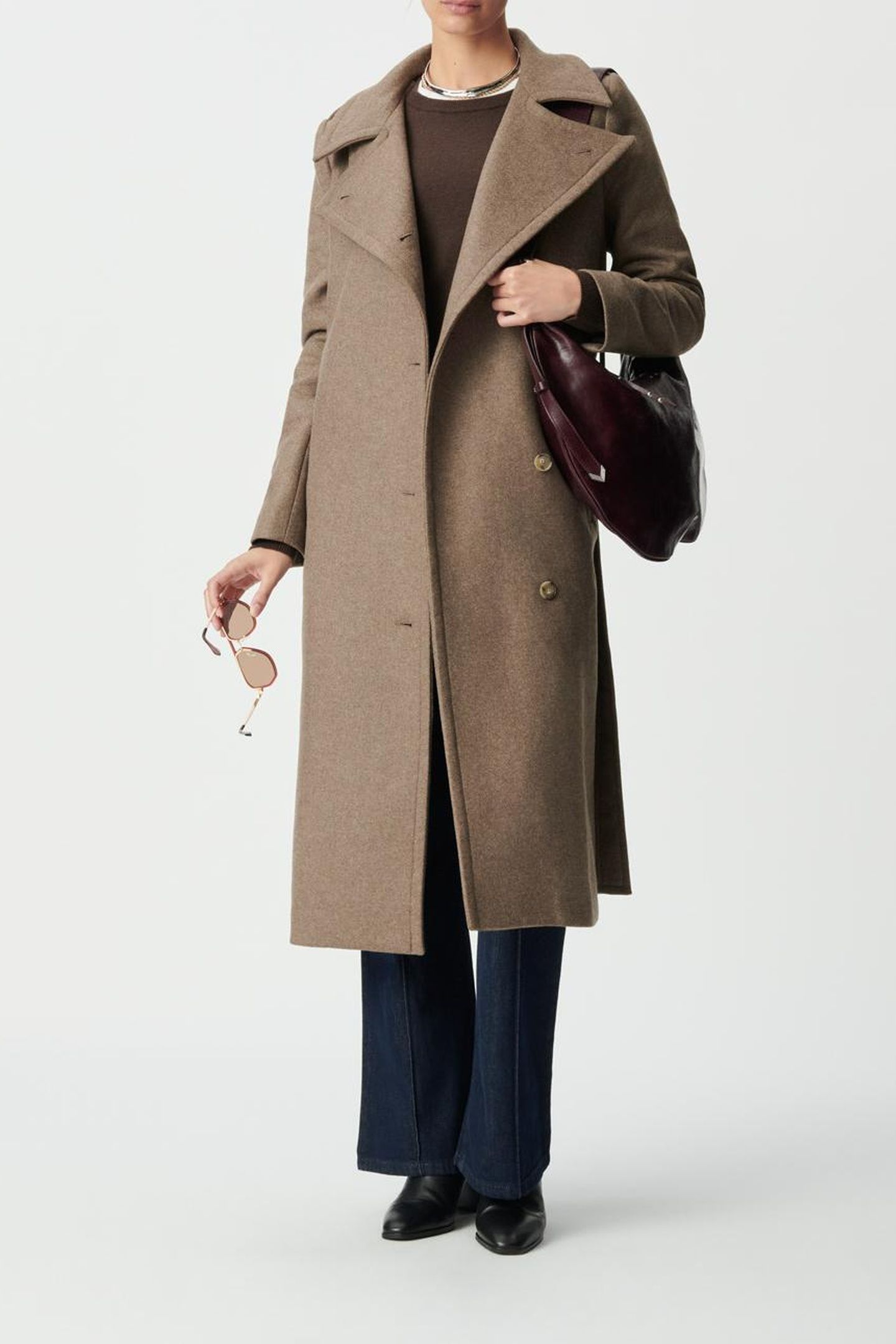 BEIGE WOOLCLOTH BELTED PEA-STYLE LONG COAT 3