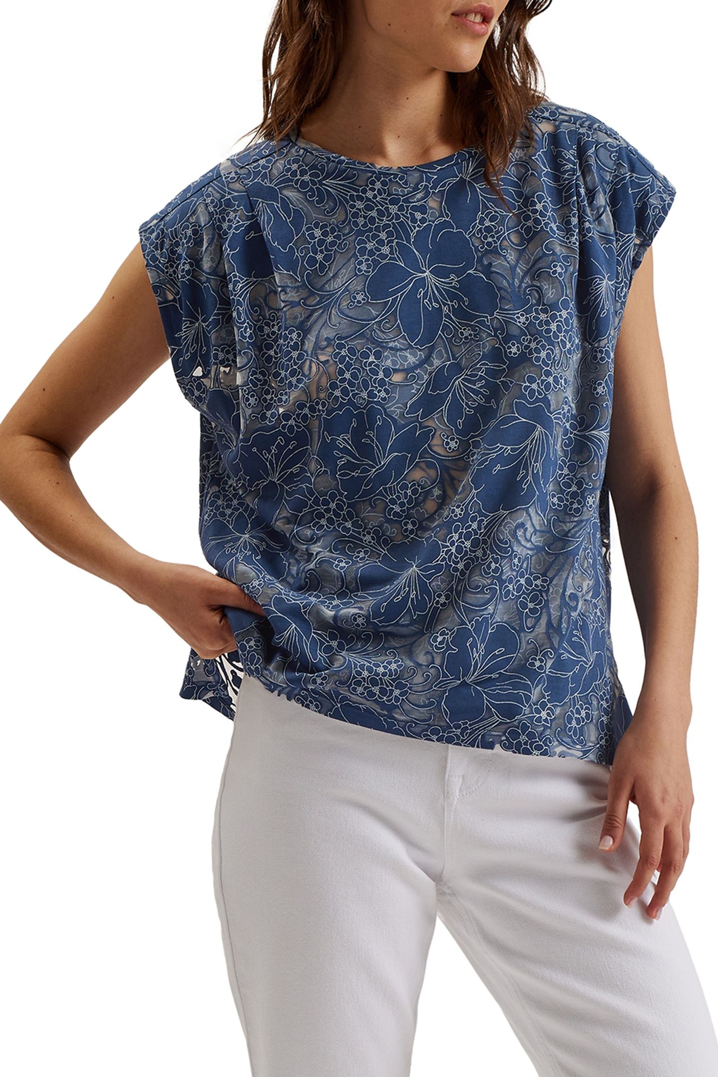 VLEENA PRINTED BURNOUT VEST TOP BLUE 1
