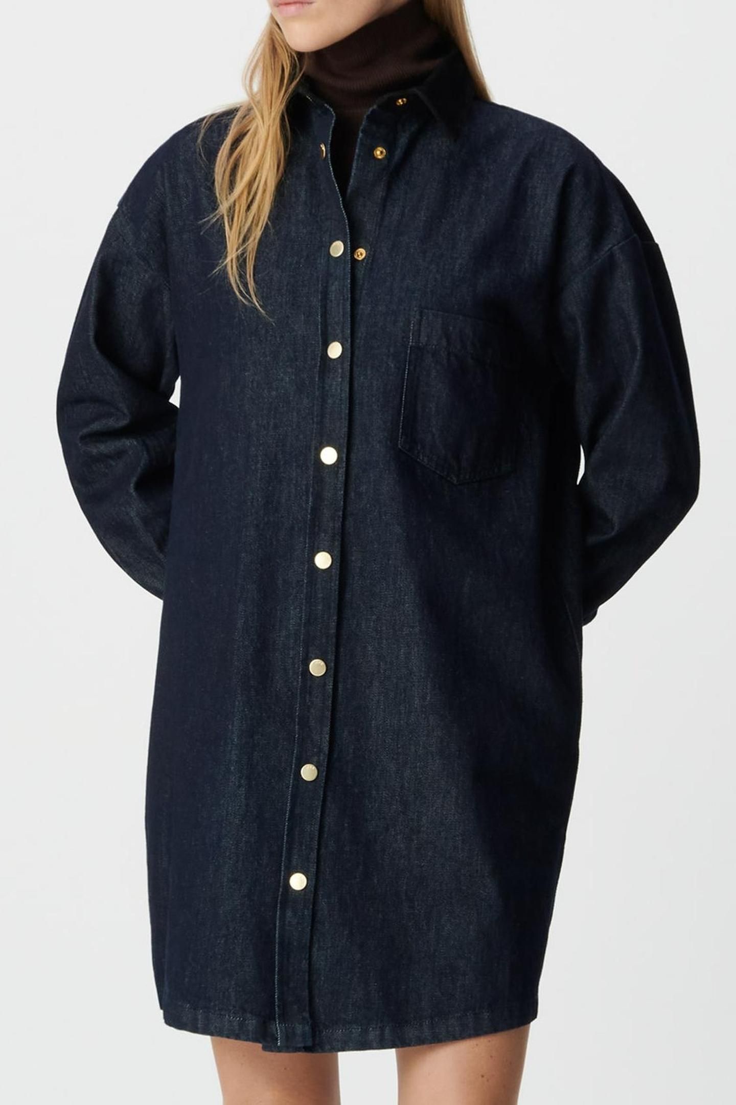 BLUE DENIM SHIRT DRESS, VELVET COLLAR AND CUFFS 1