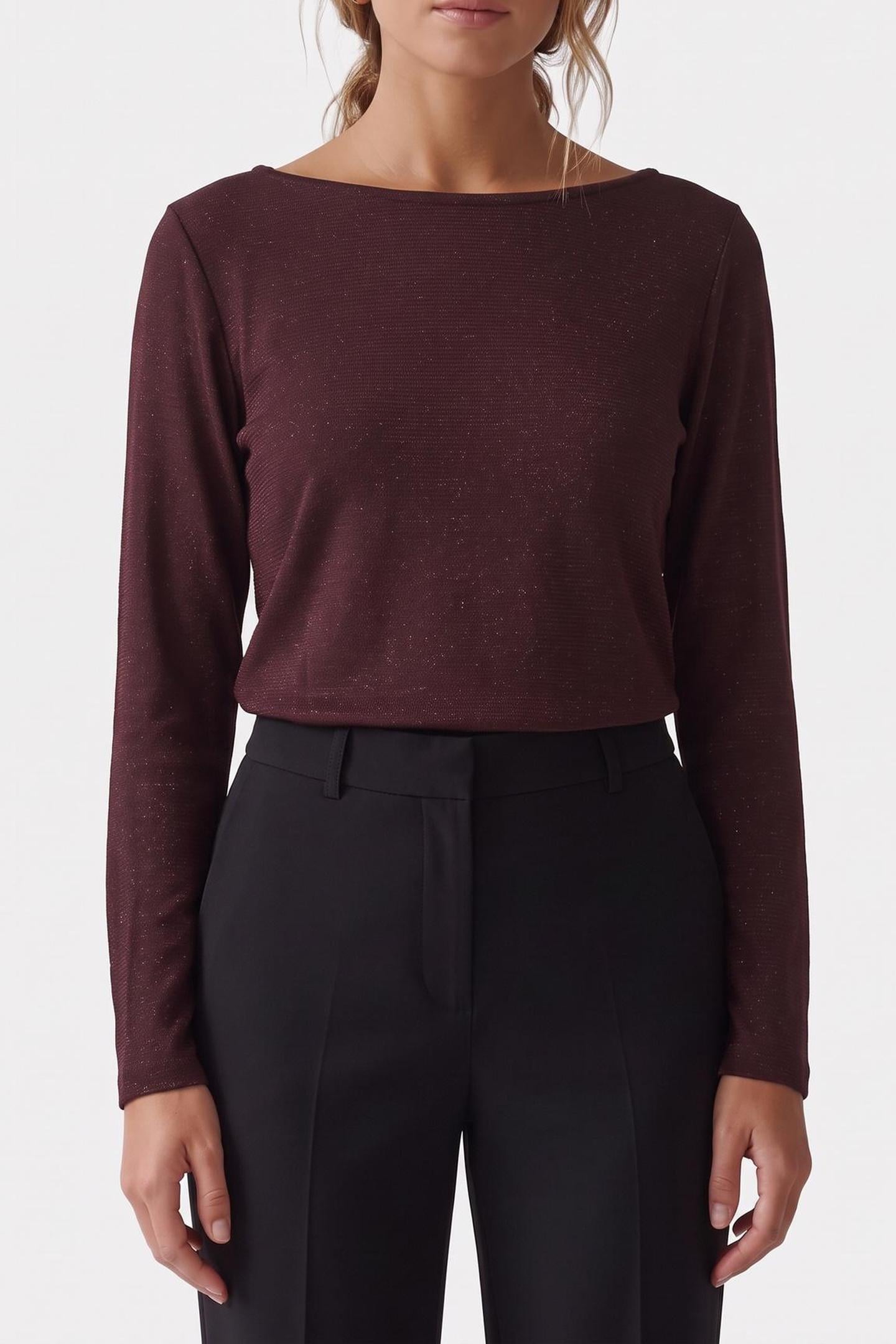 MAFALDINA - BROWN T-SHIRT WITH THIN SEQUINED STRIPES 1