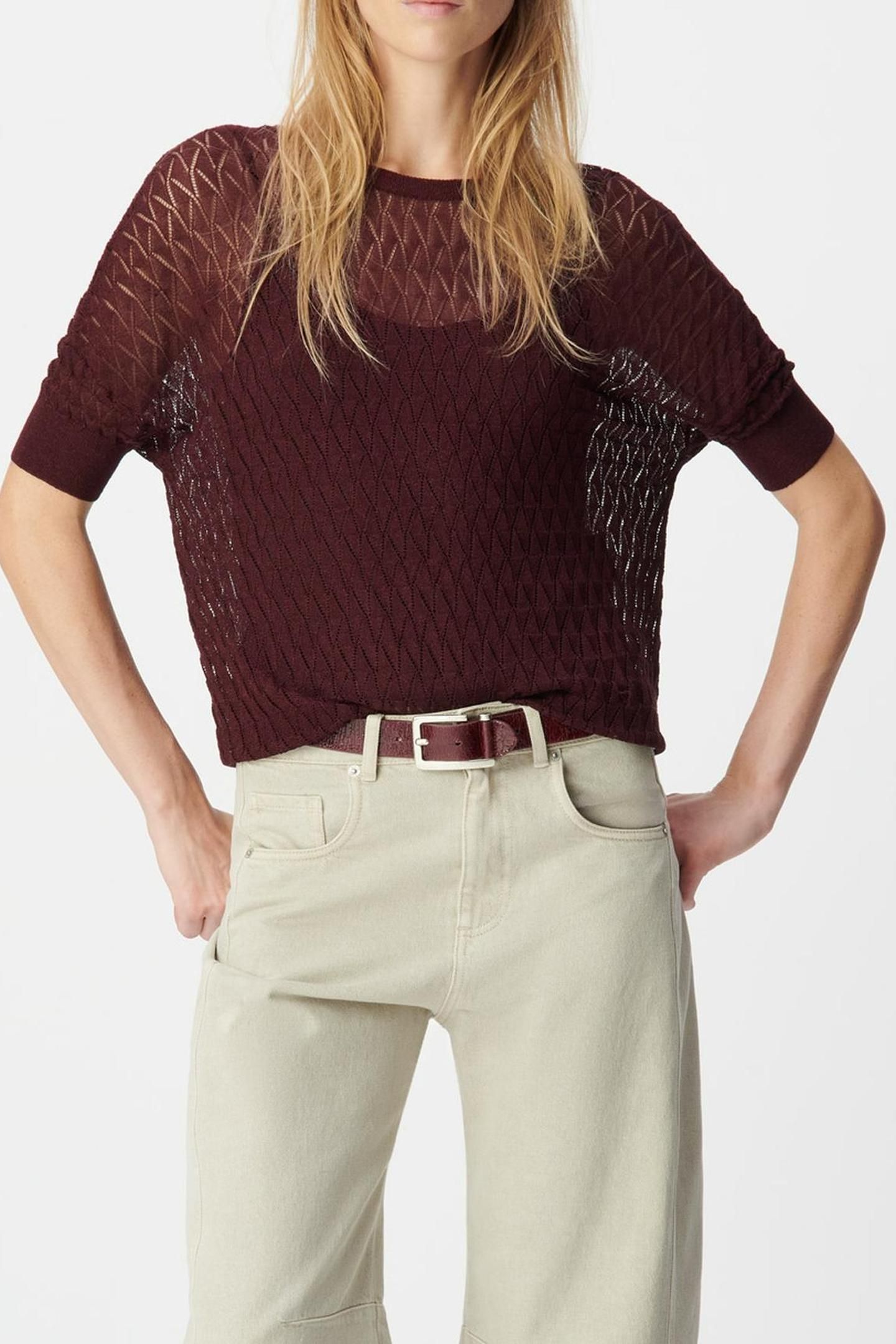 BURGUNDY FINE KNIT LUREX OPENWORK SWEATER 1