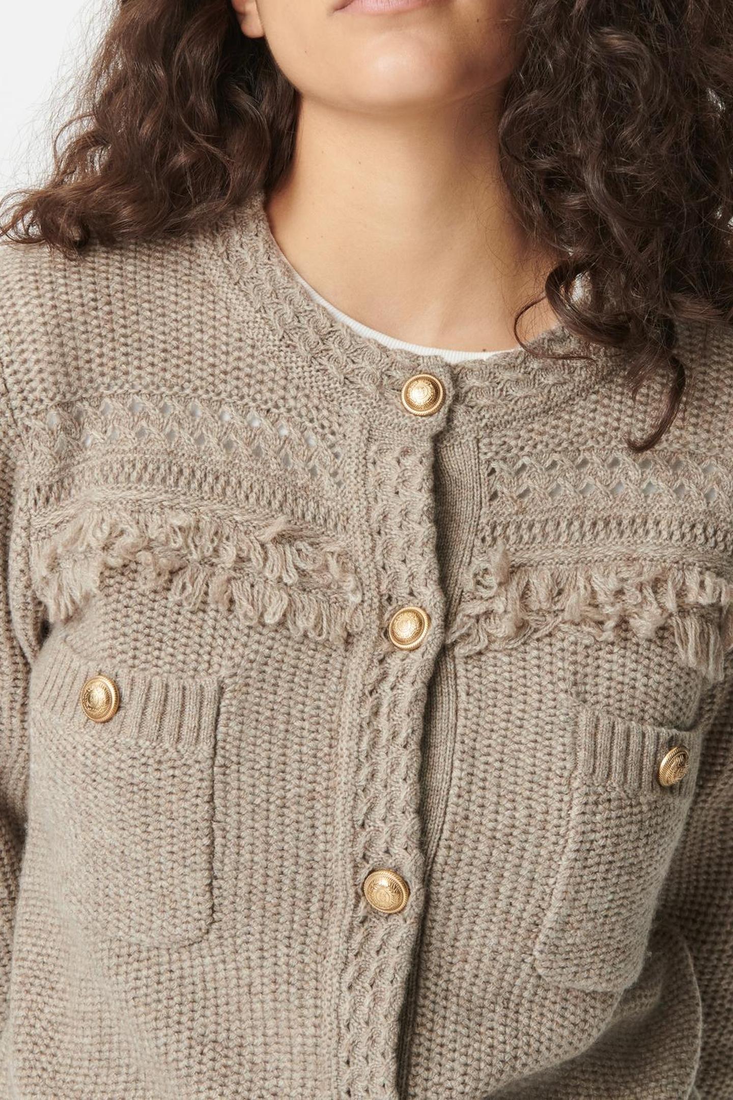 BEIGE KNIT CARDIGAN, FRINGED DETAILS, GOLD BUTTONS 6