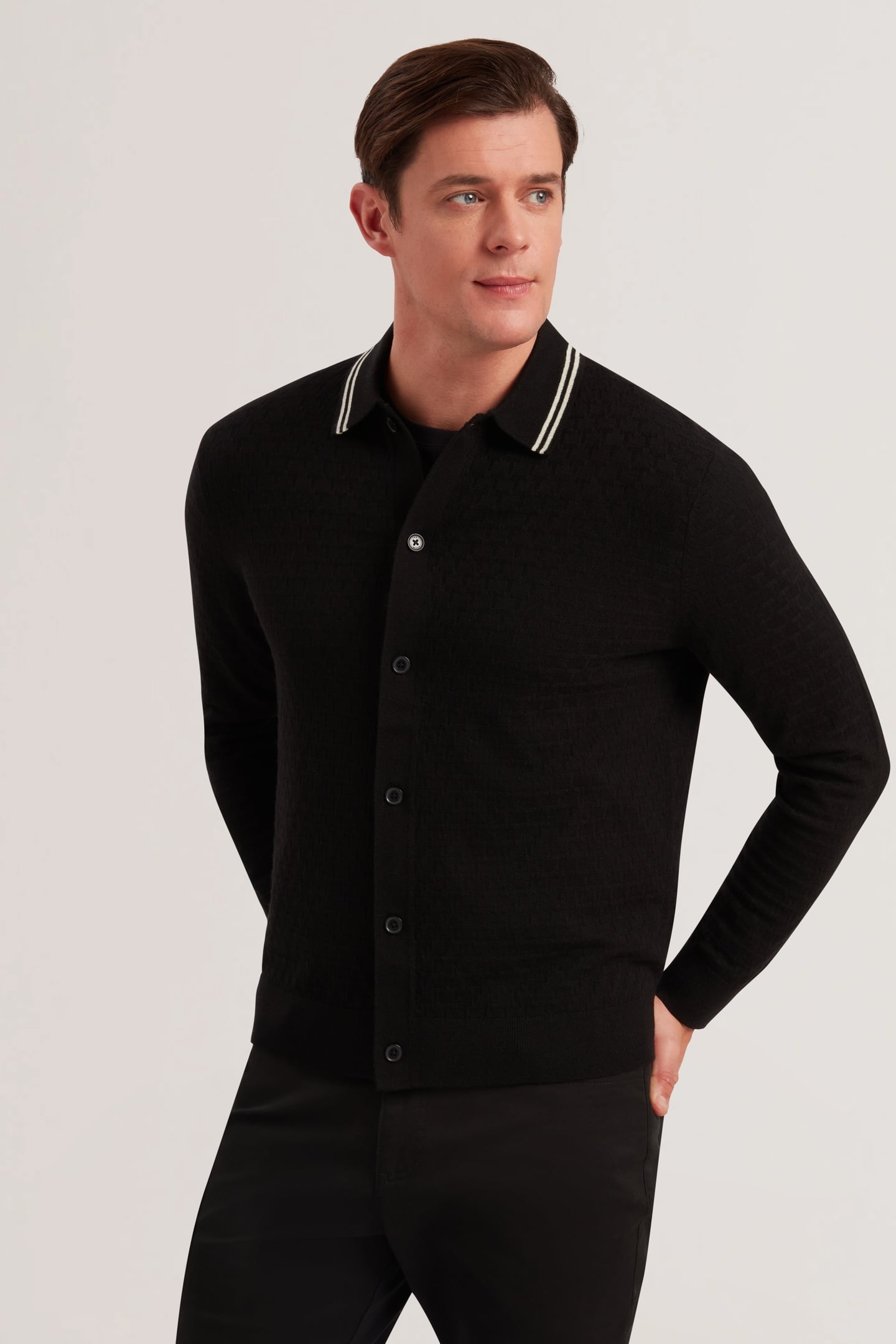 RODEN LS BUTTON THROUGH T STITCH SHIRT BLACK 1