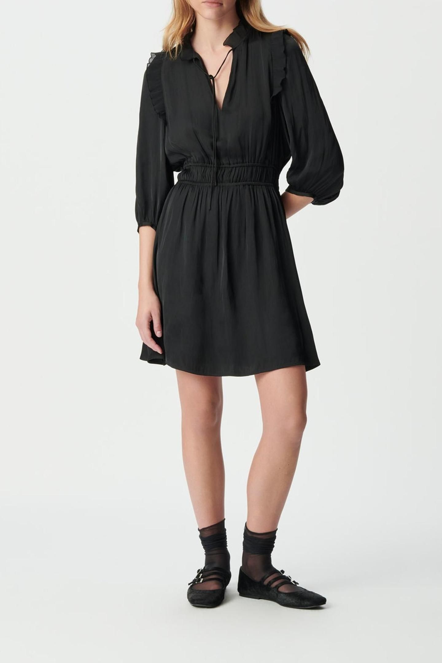 BLACK CRUSHED SATIN DRESS WITH PLEATED RUFFLES 3