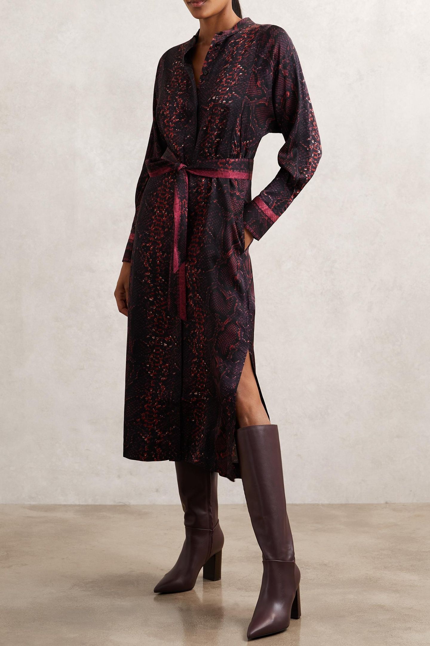 SNAKE PRINT MIDI DRESS BURGUNDY/BLACK 1