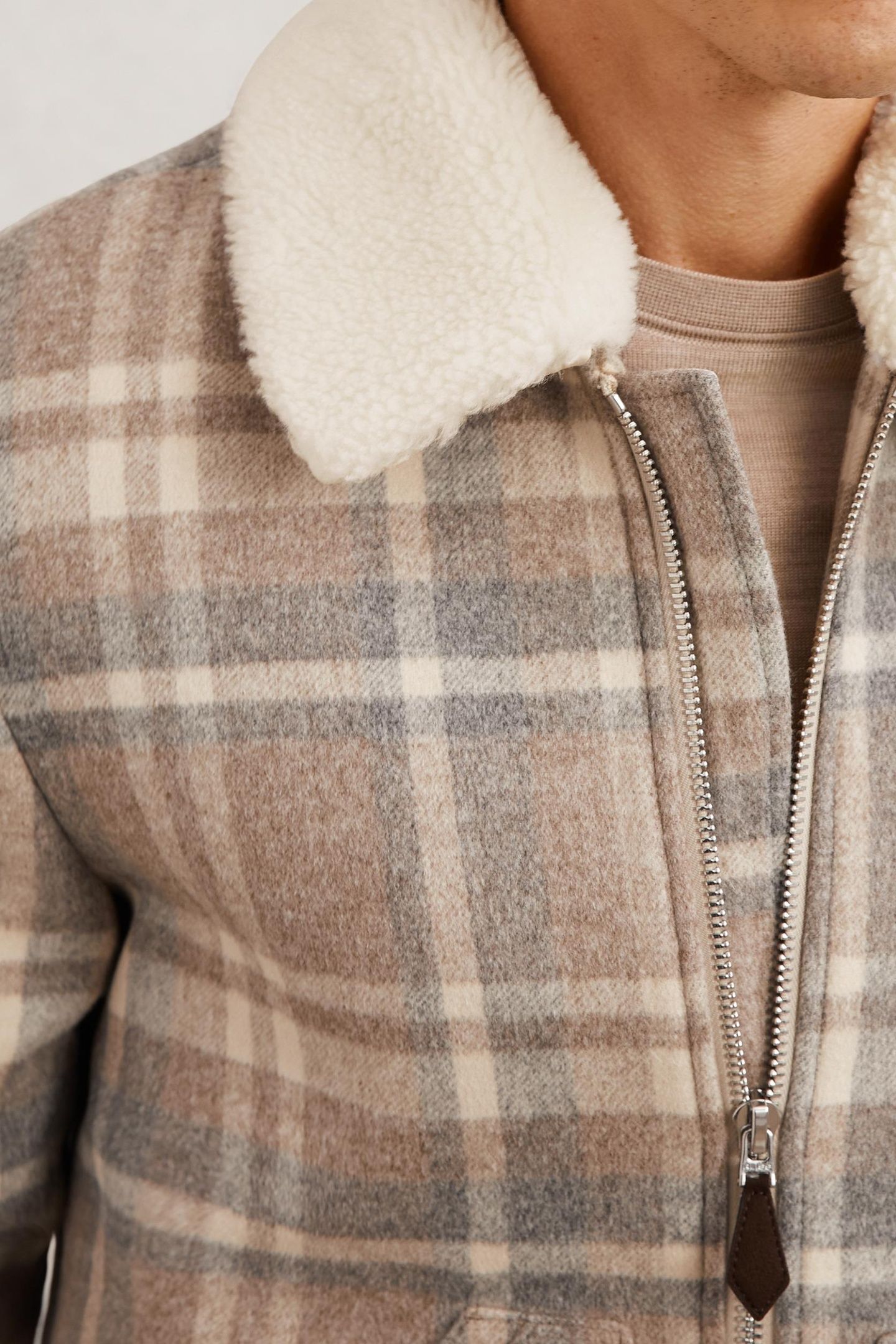 LS CHECK ZIP THROUGH BORG COLLAR JACKET OATMEAL BROWN 6