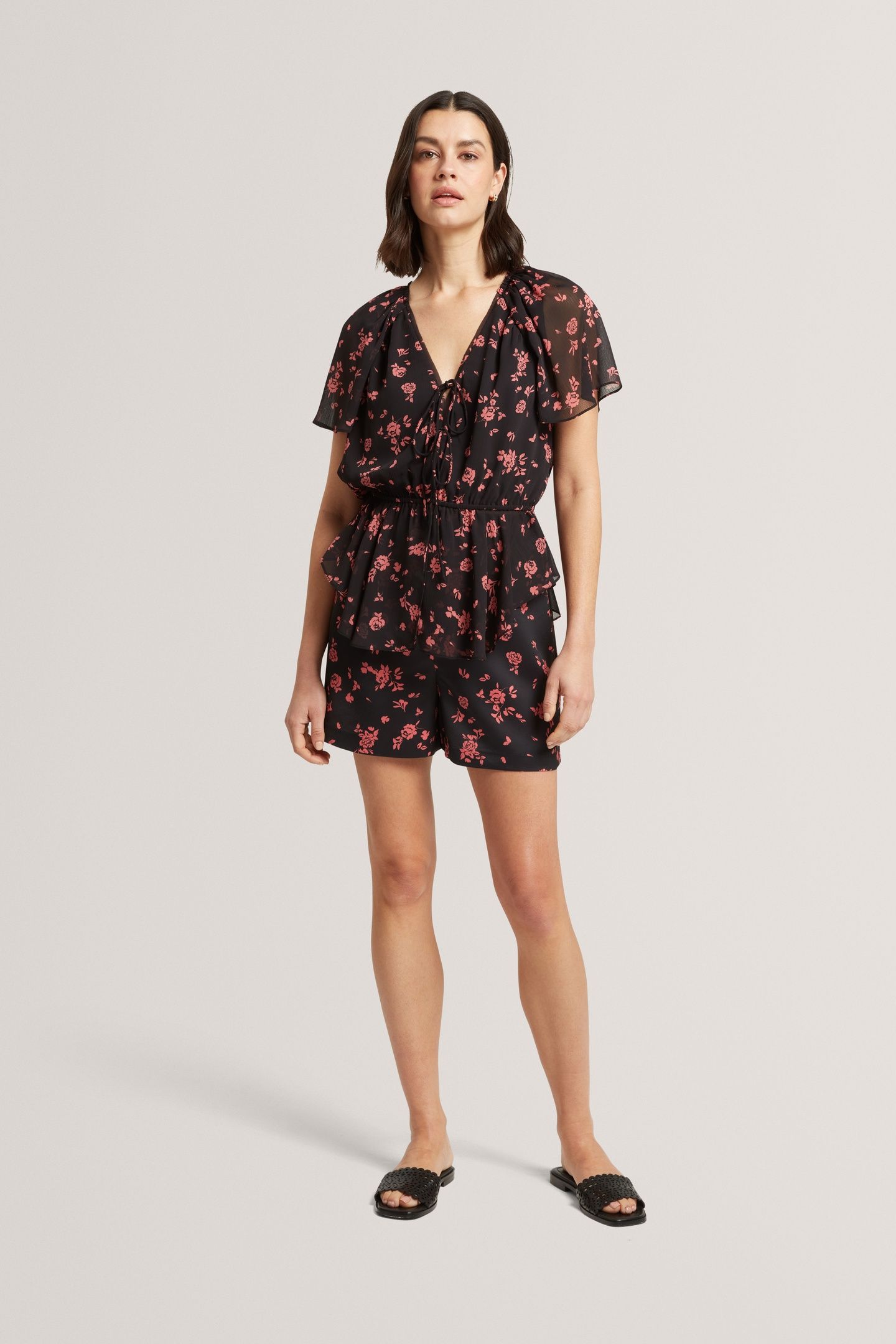 PRINTED TIE FRONT BALLOON SLEEVE BLOUSE BLACK 1