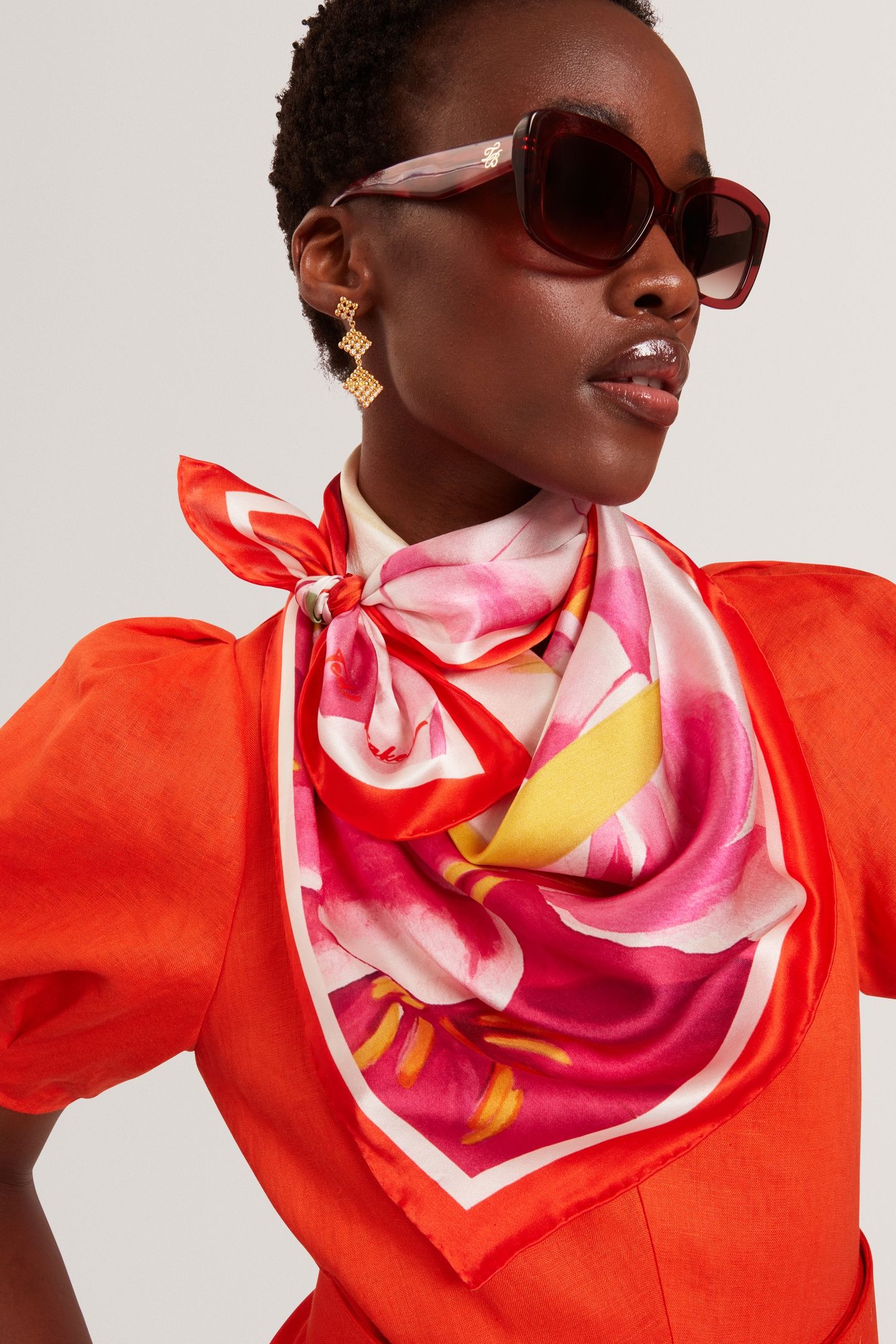 FLORAL BLOOM SILK SQUARE SCARF RED 1