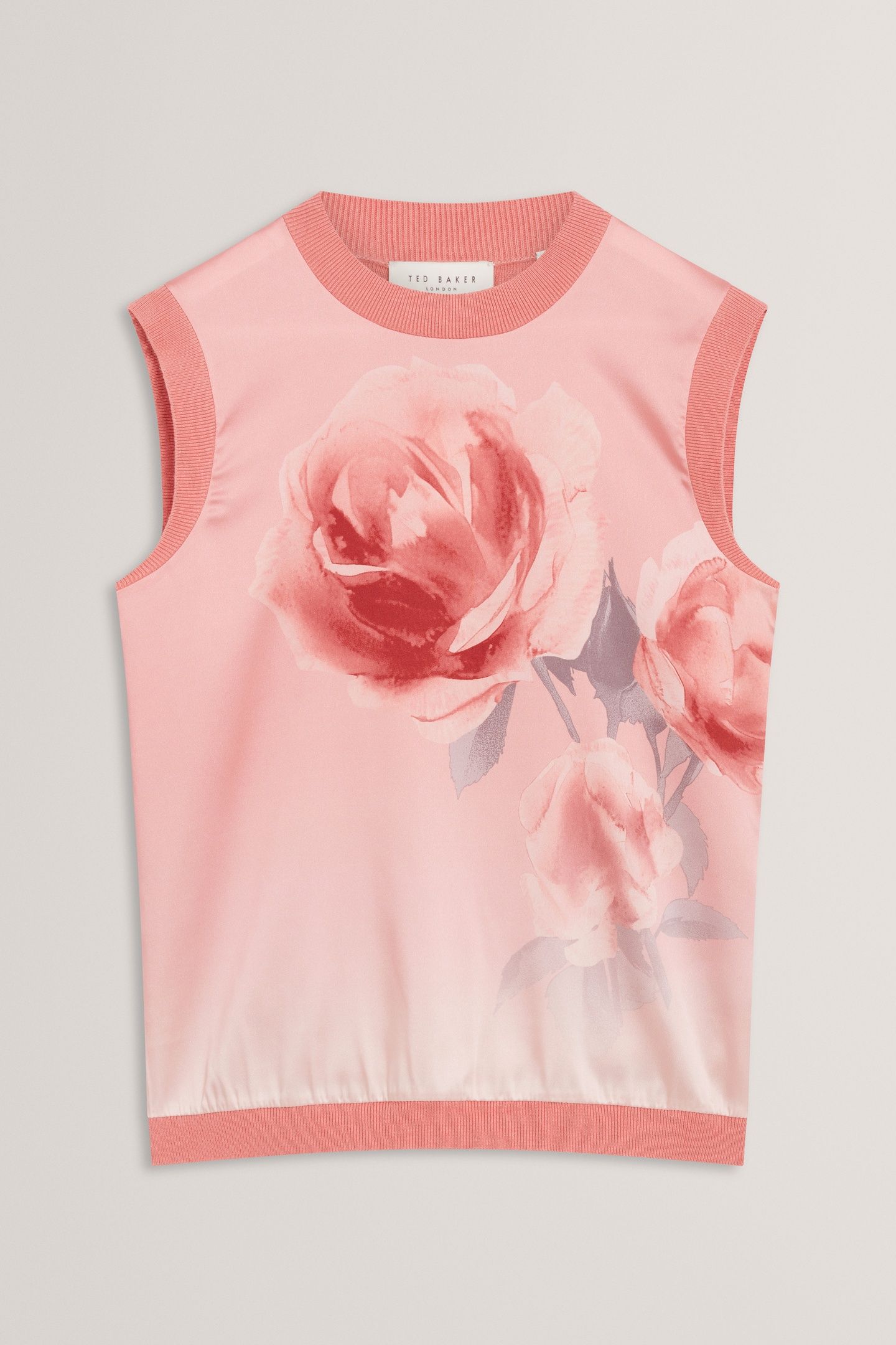 FLORAL PRINTED WOVEN FRONT KNIT TANK CORAL 1