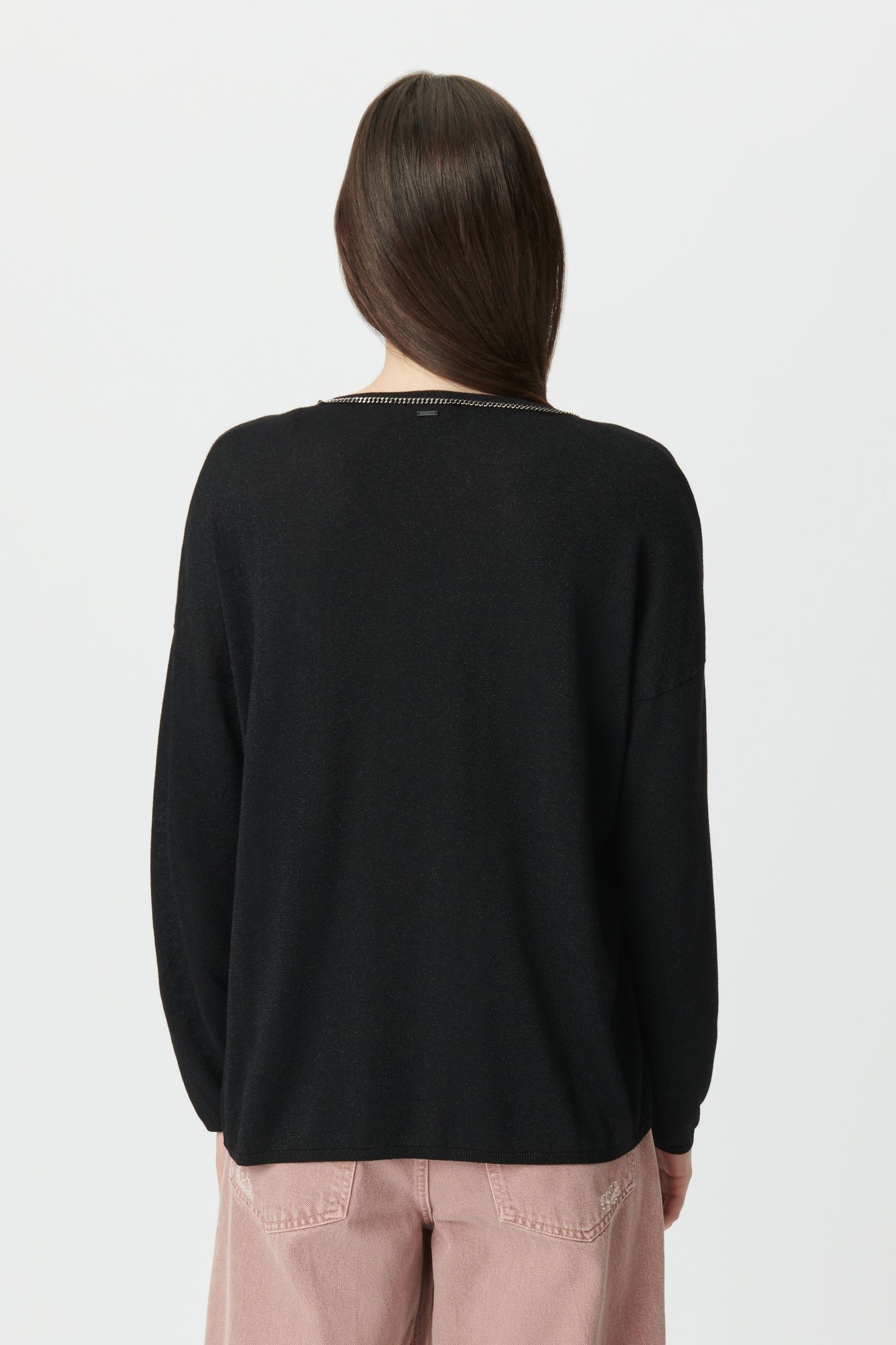 BLACK FINE LUREX KNIT SWEATER WITH JEWEL NECK 2