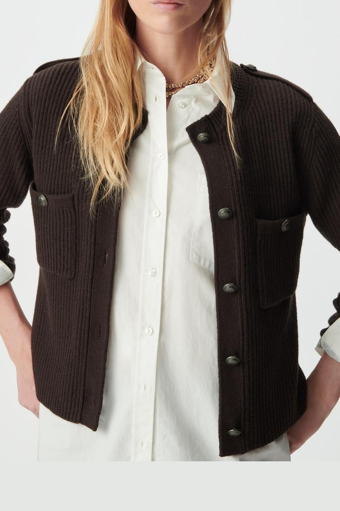 BROWN PURE WOOL RIBBED SHORT CARDIGAN 4