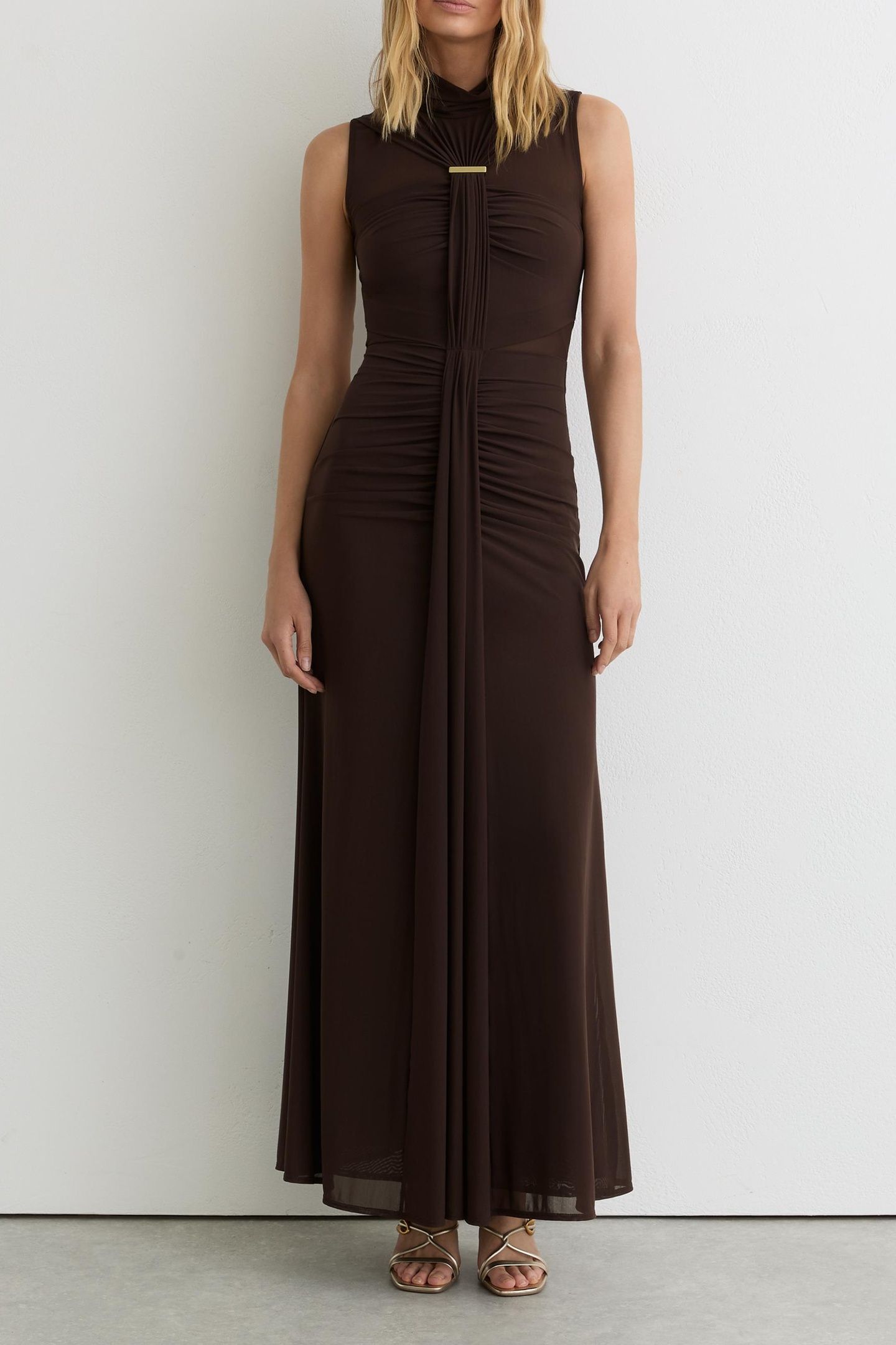 RUCHED SLEEVELESS MAXI DRESS CHOCOLATE BROWN 1
