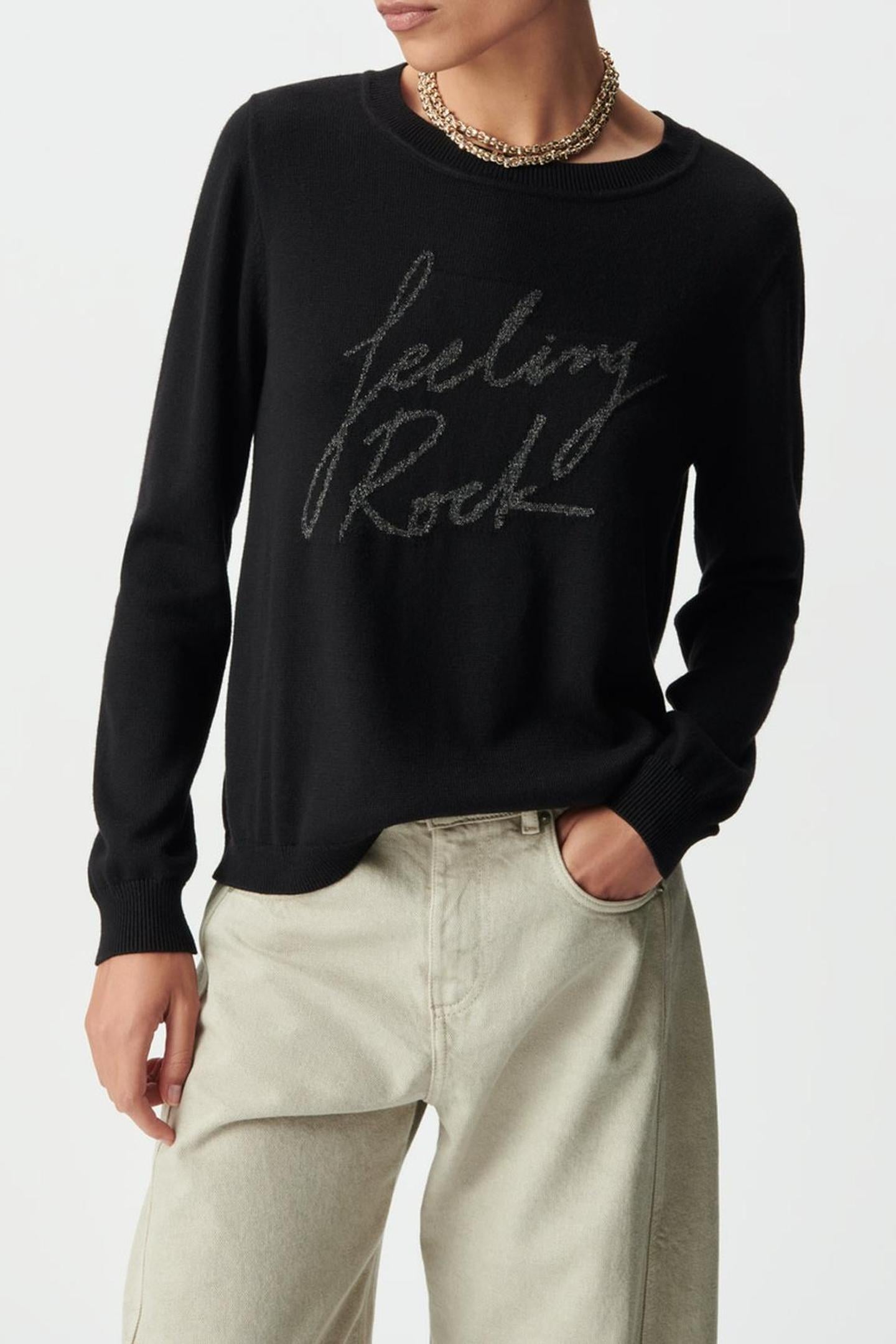 BLACK KNIT SWEATER WITH EMBROIDERED SLOGAN 1