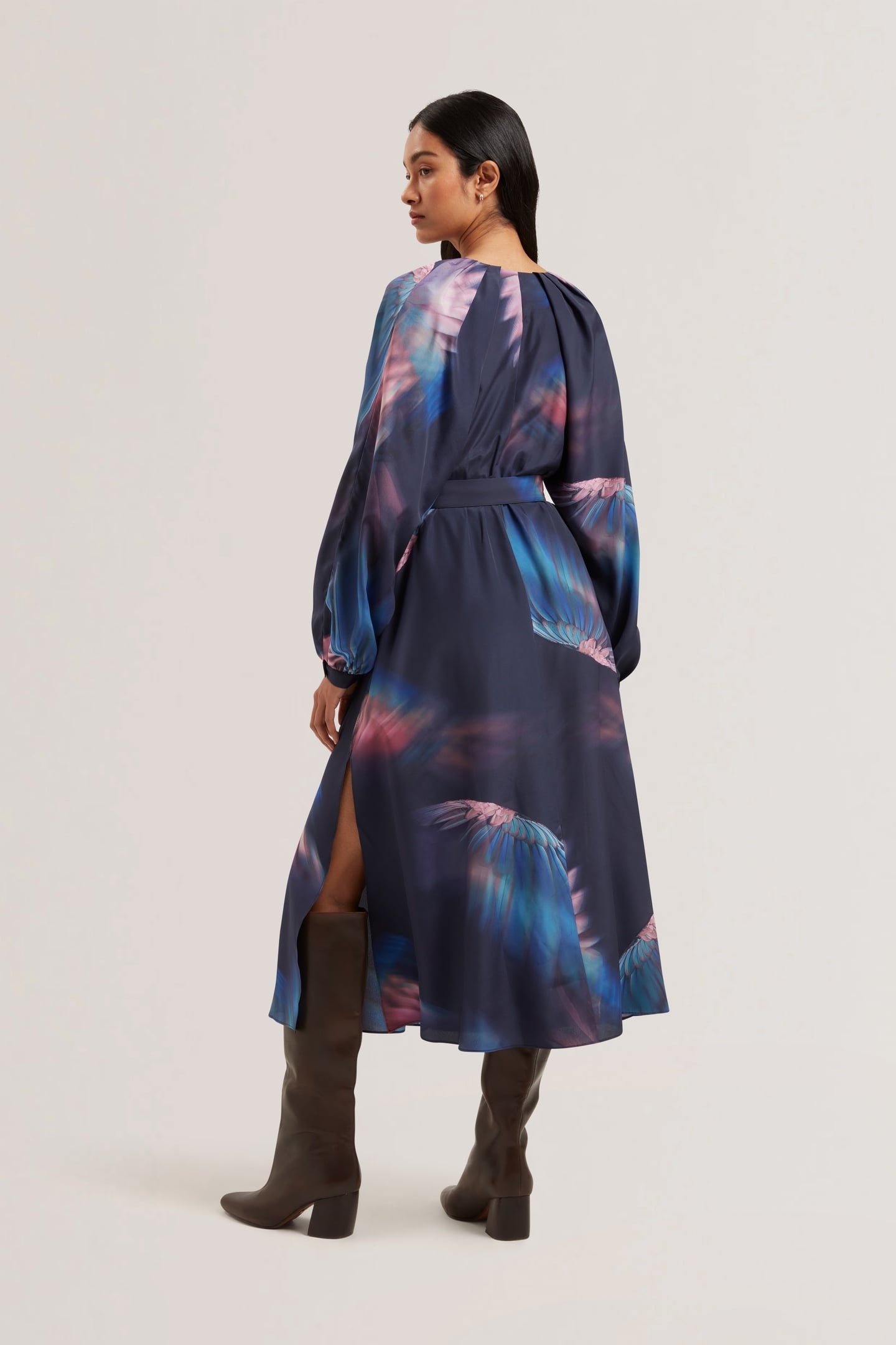 ARADE PRINTED BELTED MIDI DRESS NAVY 2