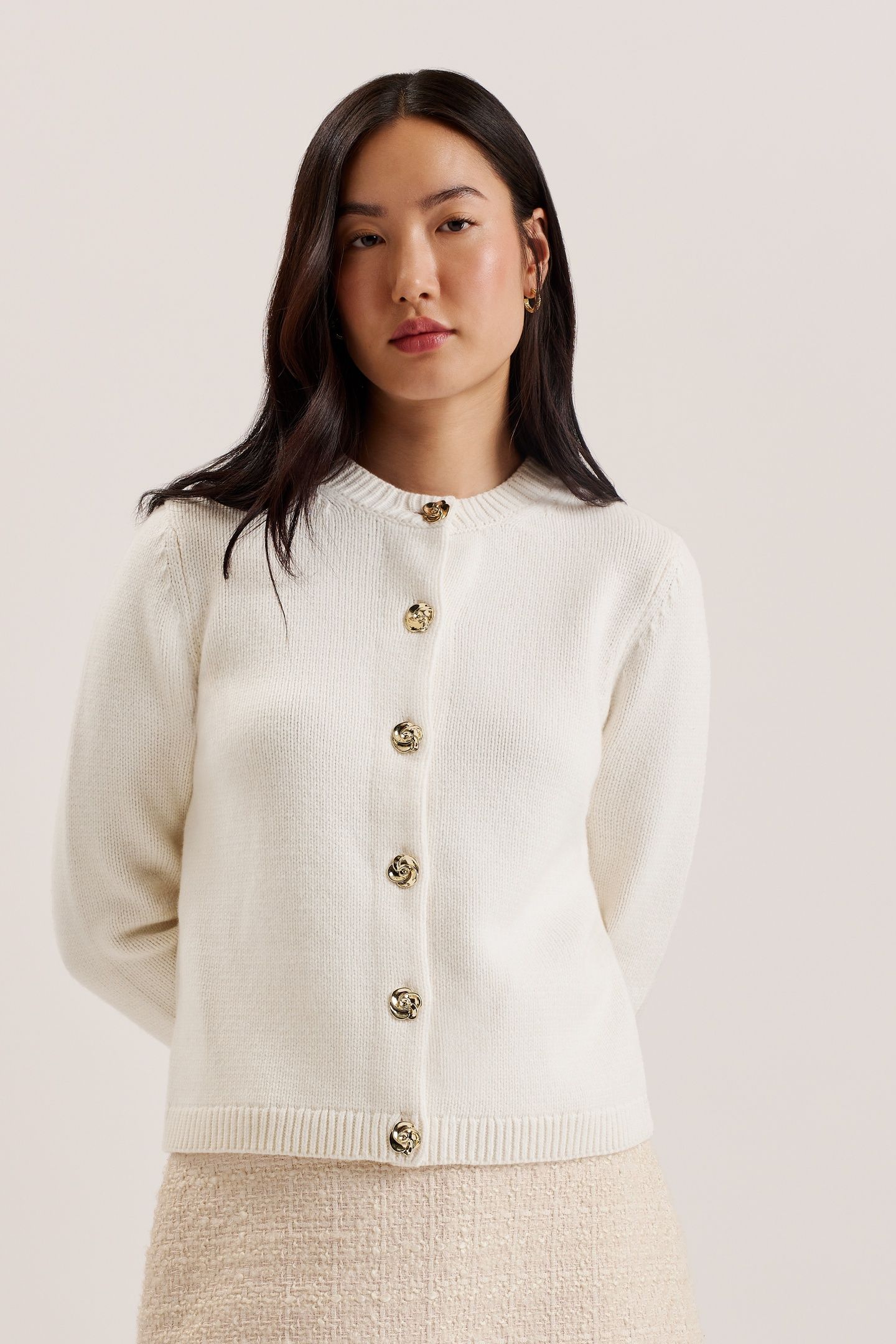 JAYCEY ROSE BUTTON CREW NECK CARDIGAN IVORY 1