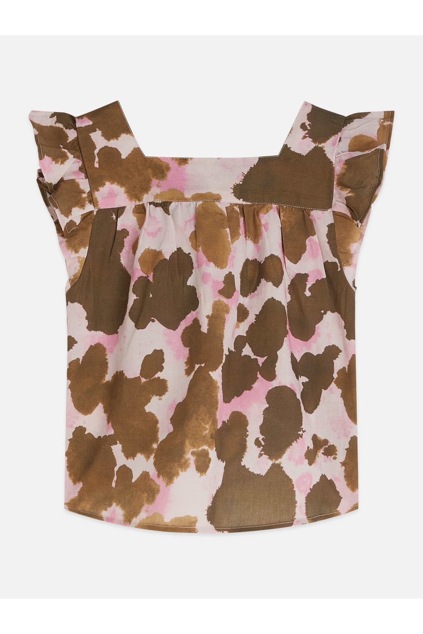 GIRLS PRINTED RUFFLE SLEEVE LINEN TOP MEDIUM BROWN 1