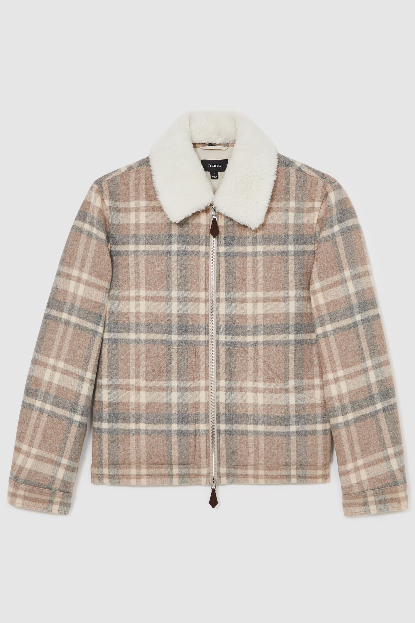 LS CHECK ZIP THROUGH BORG COLLAR JACKET OATMEAL BROWN 3