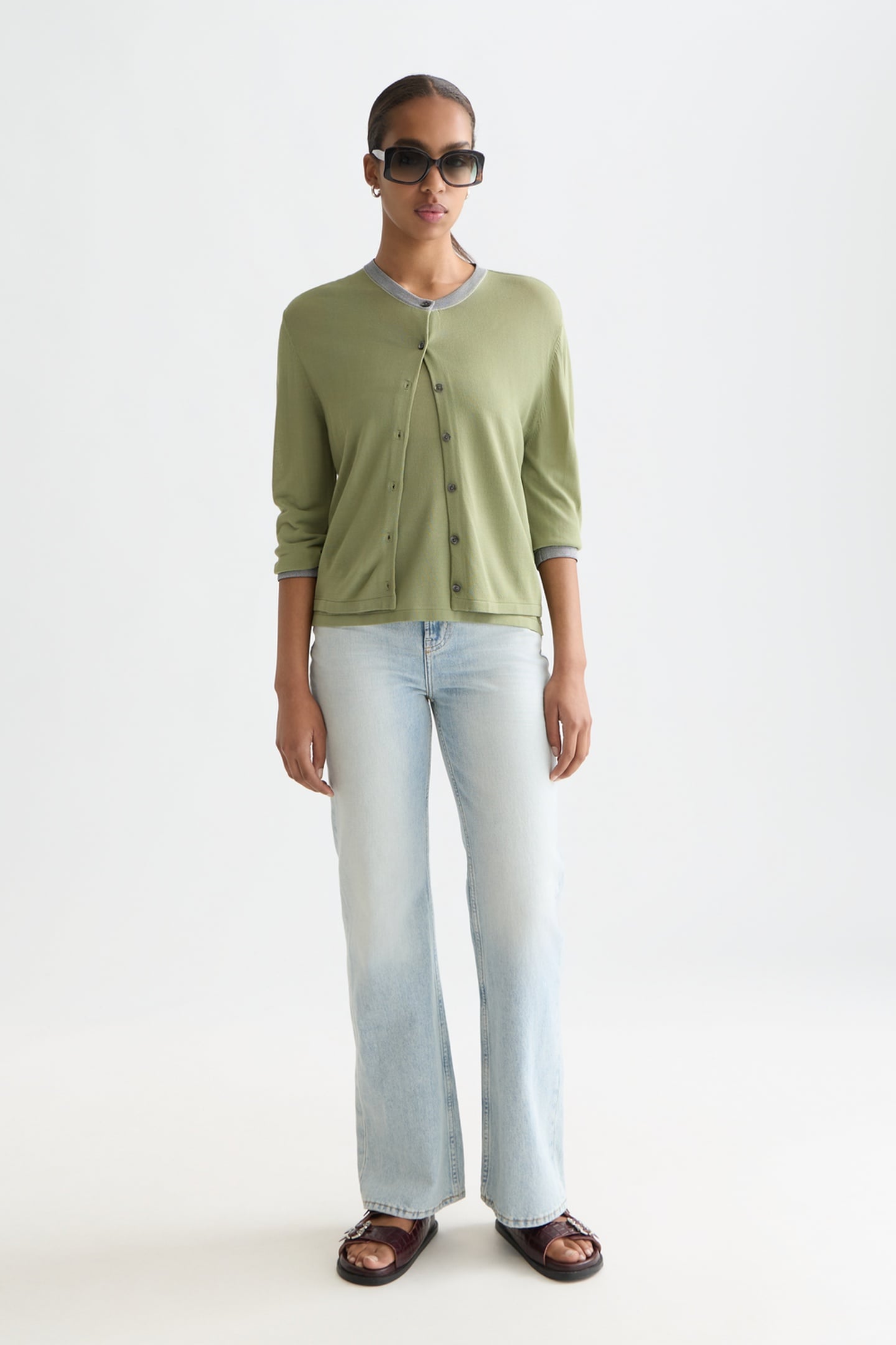 STRIPE TRIM RELAXED CARDIGAN OIL GREEN 3