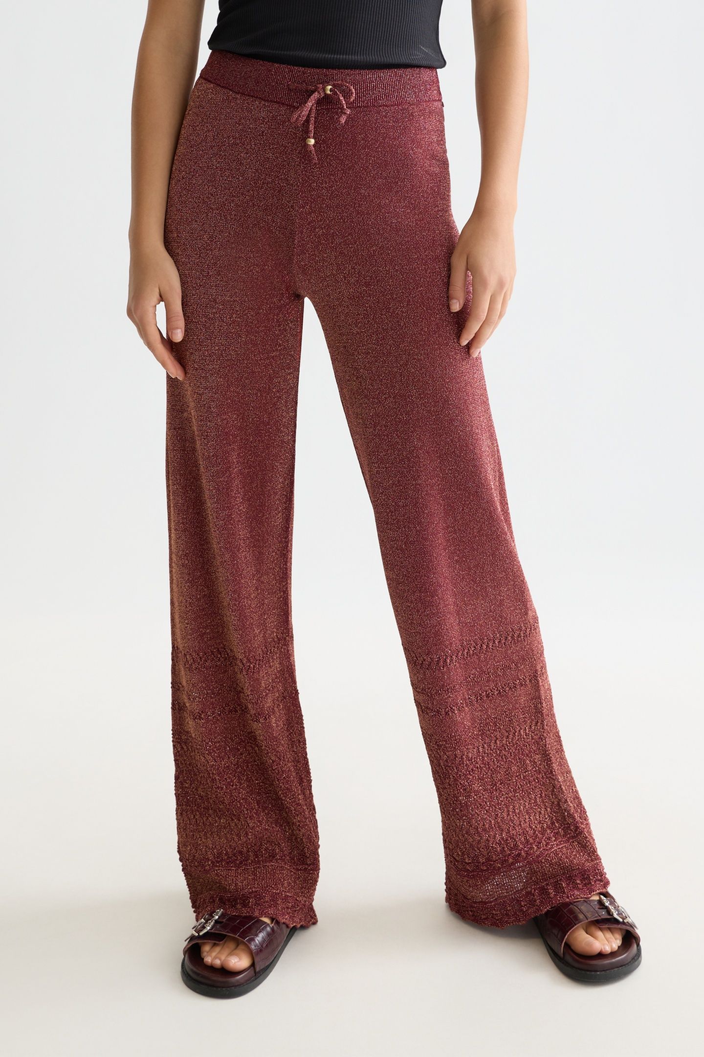 METALLIC POINTELLE KNITTED TROUSERS BURNT HENNA 1
