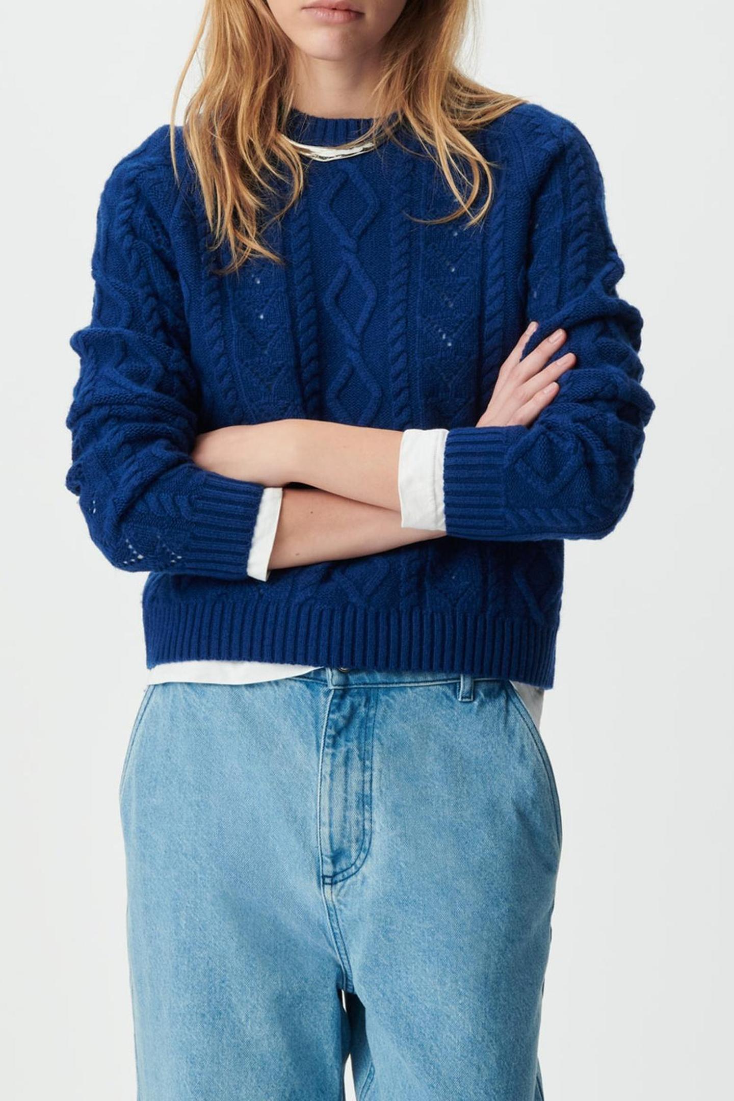 BLUE PURE WOOL SHORT SWEATER, DECORATIVE STITCH 1